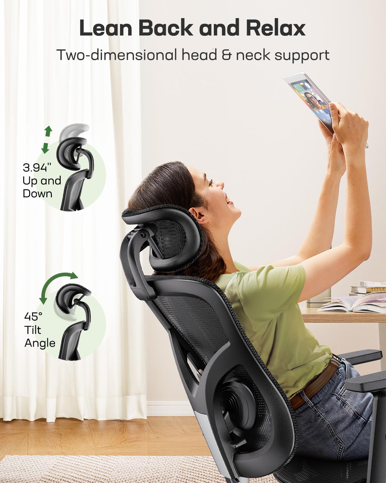 Ergonomic Mesh Desk Chair with Adjustable Lumbar Support, 2D Headrest & Armrests, Home Office Chair, Black