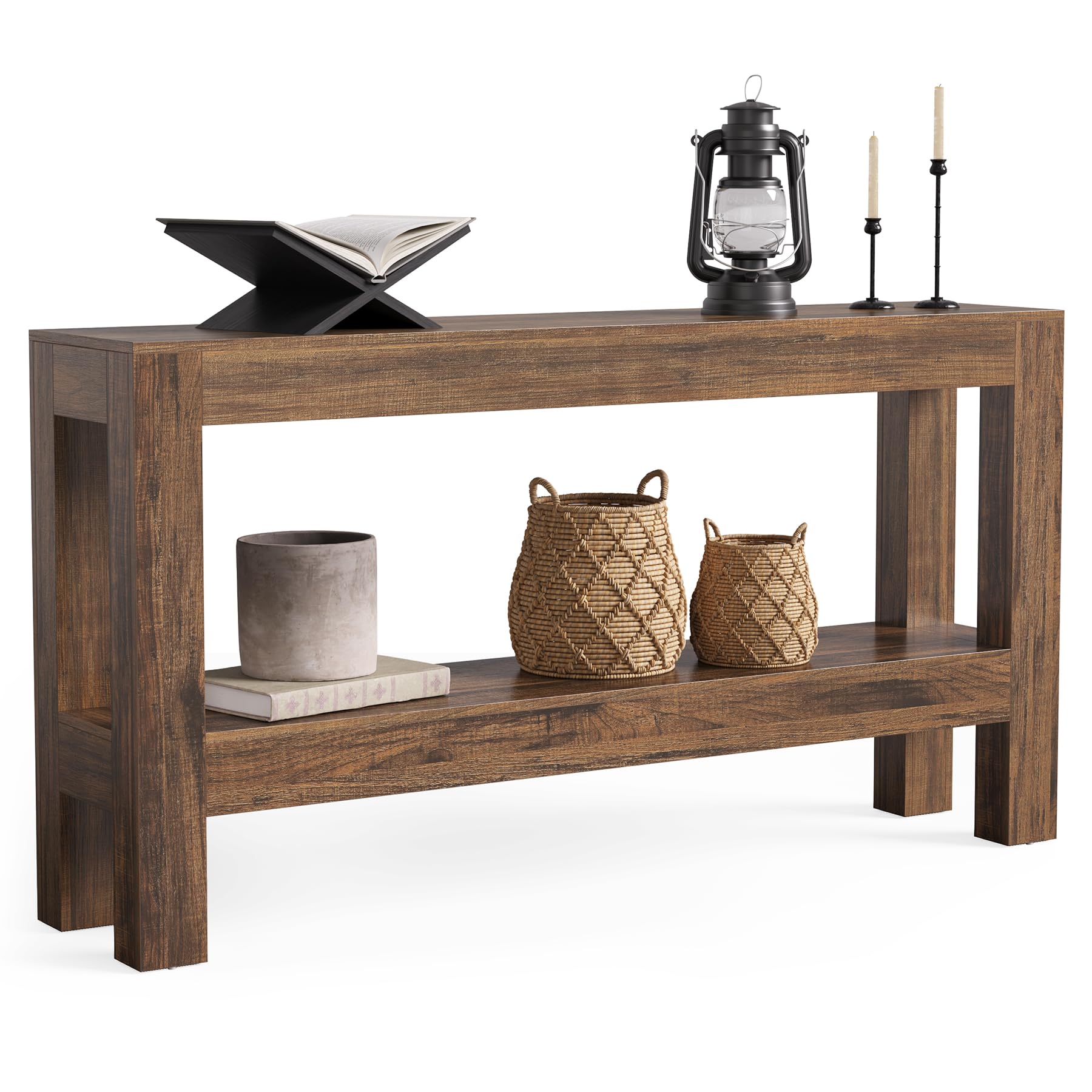 63" Narrow Console Table with 2-Tier Shelves, Farmhouse Wooden Entryway Table for Sofa, Hallway, or Living Room