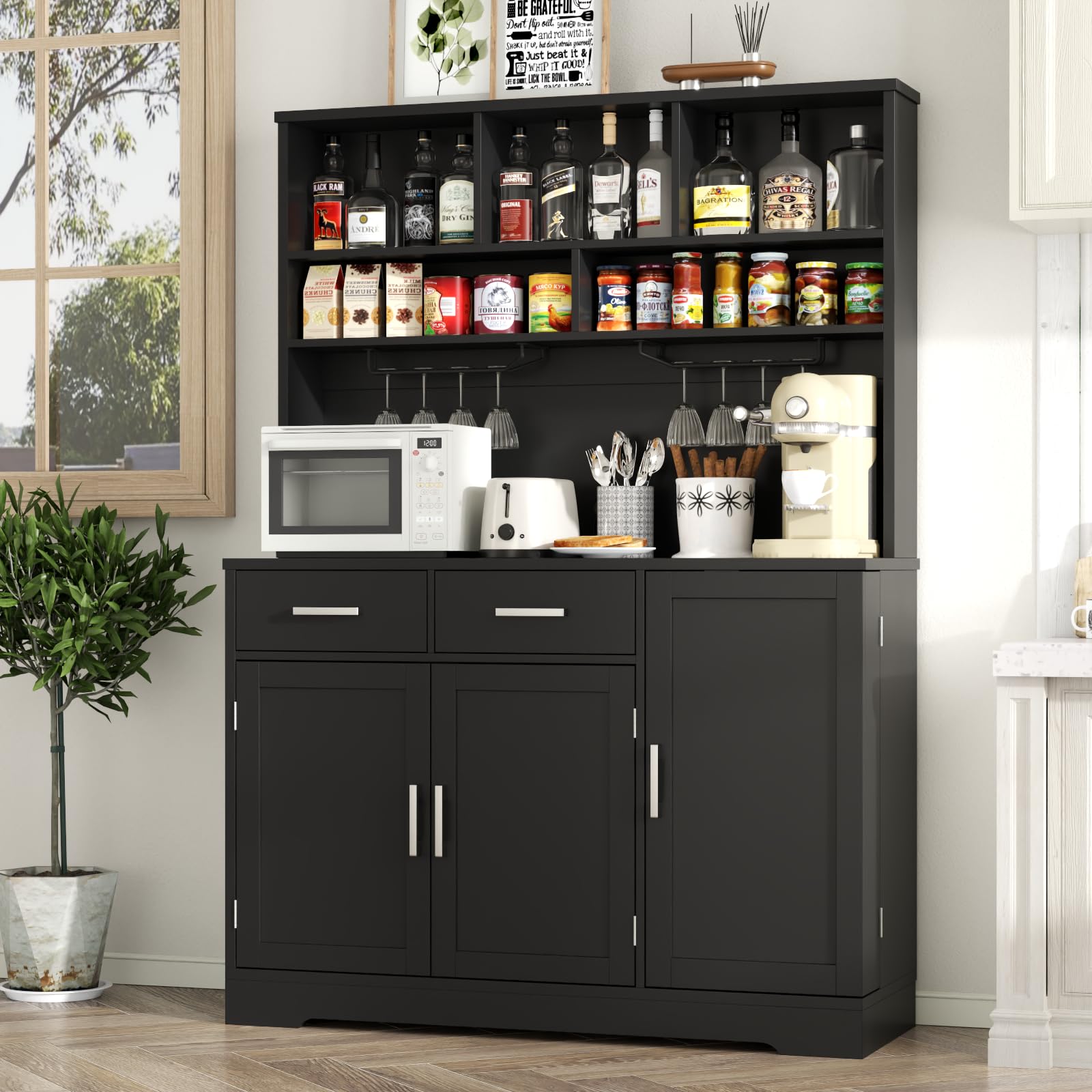 FURNIXI Pantry Storage Cabinet with Drawers, Black Tall Hutch with Microwave Shelf, Goblet Holders, Adjustable Shelves for Kitchen
