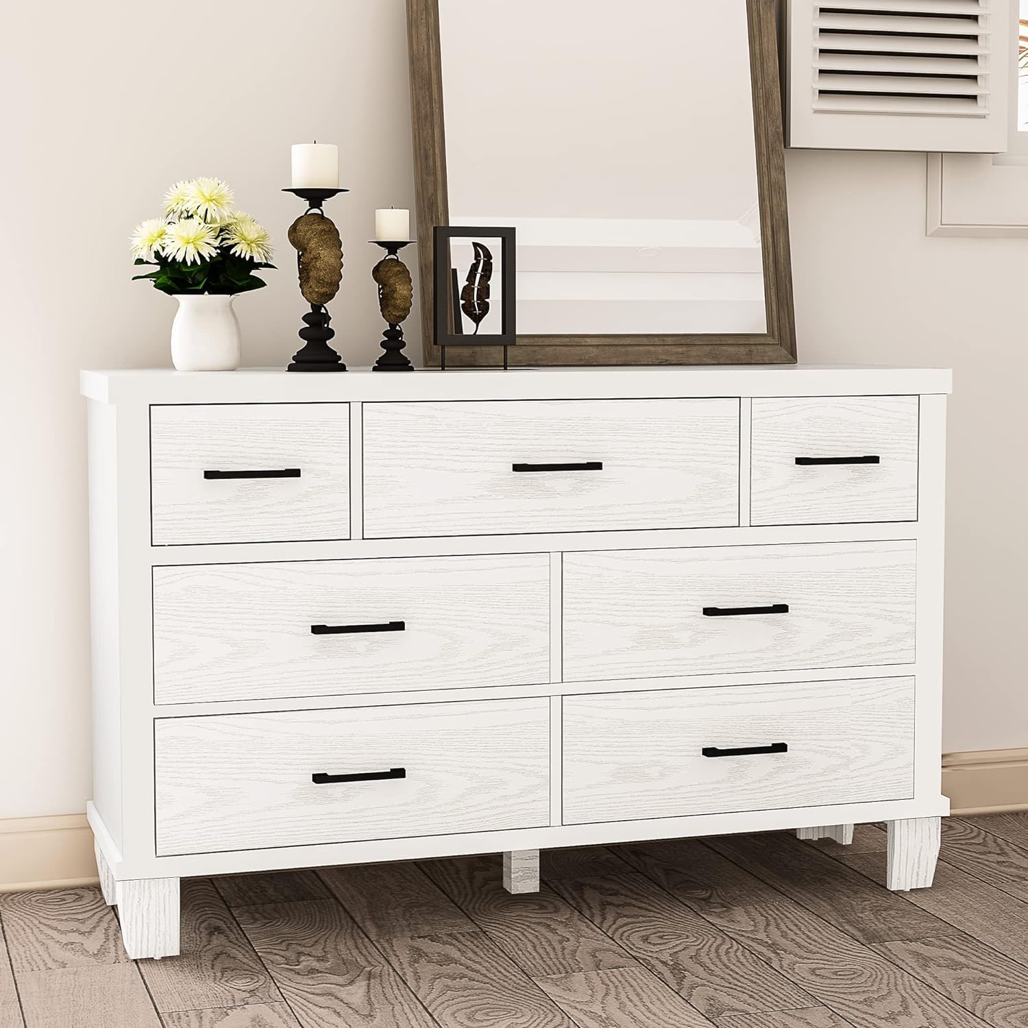 7-Drawer Dresser – White Wooden Chest with Metal Handles, Modern Bedroom Organizer for Living Room or Closet