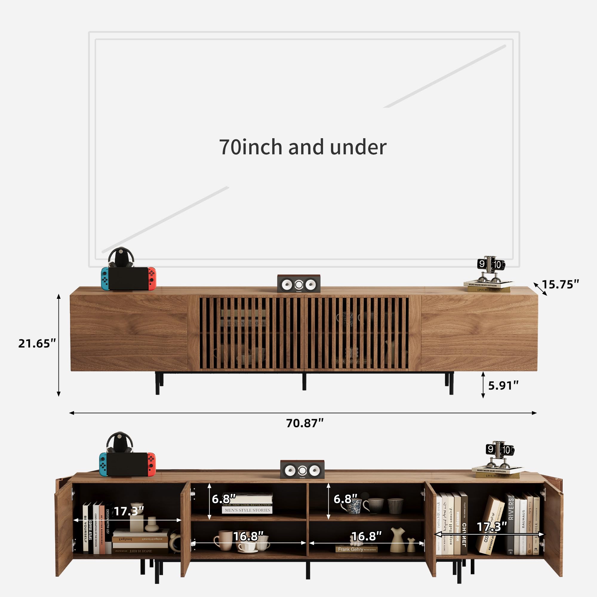 Modern Walnut TV Stand – 70.87” Long Console with Grille Doors & Storage Drawers for Bedroom or Living Room