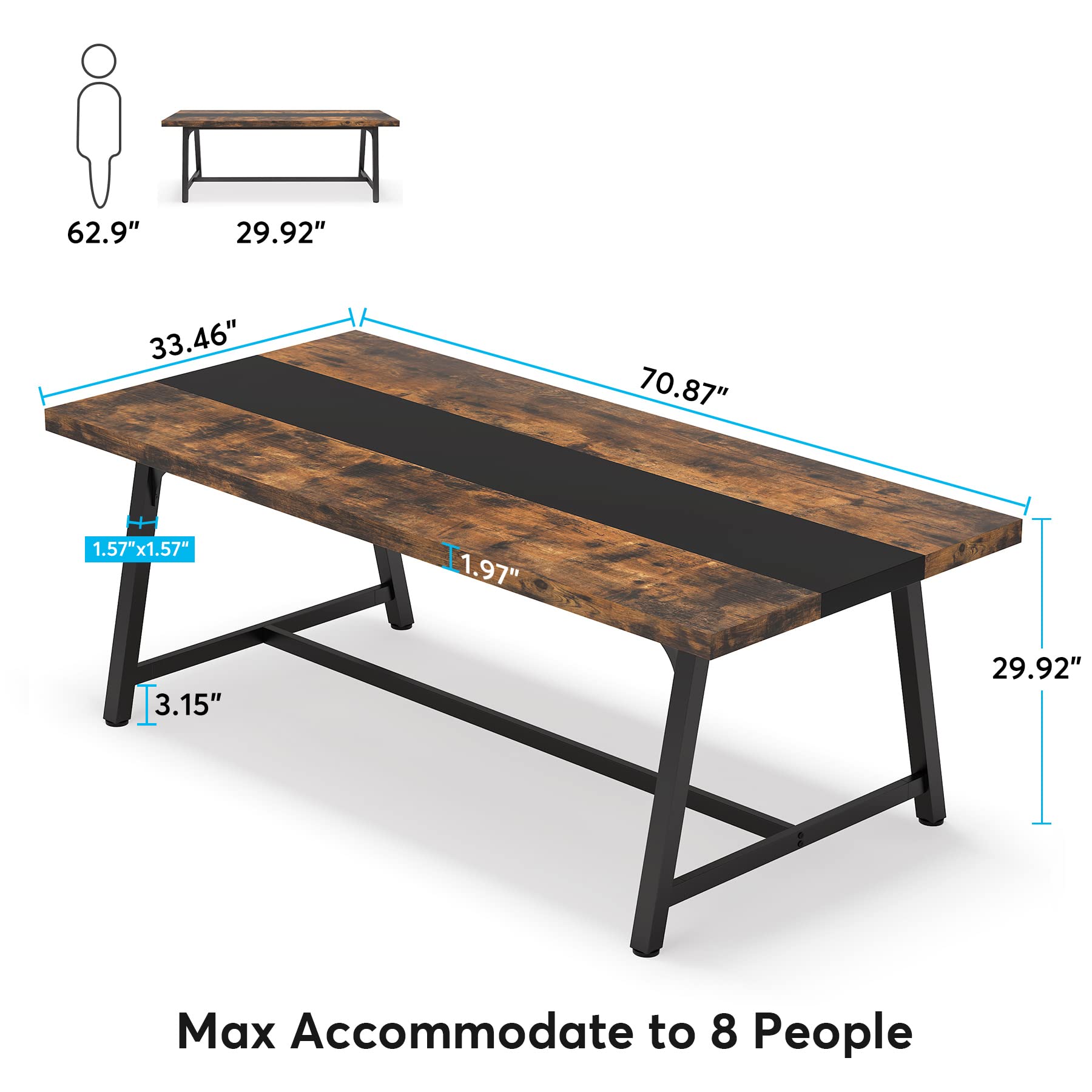 70.87" Industrial Dining Table, Large Rustic Brown Wood Kitchen Table with Metal Frame for Big Families