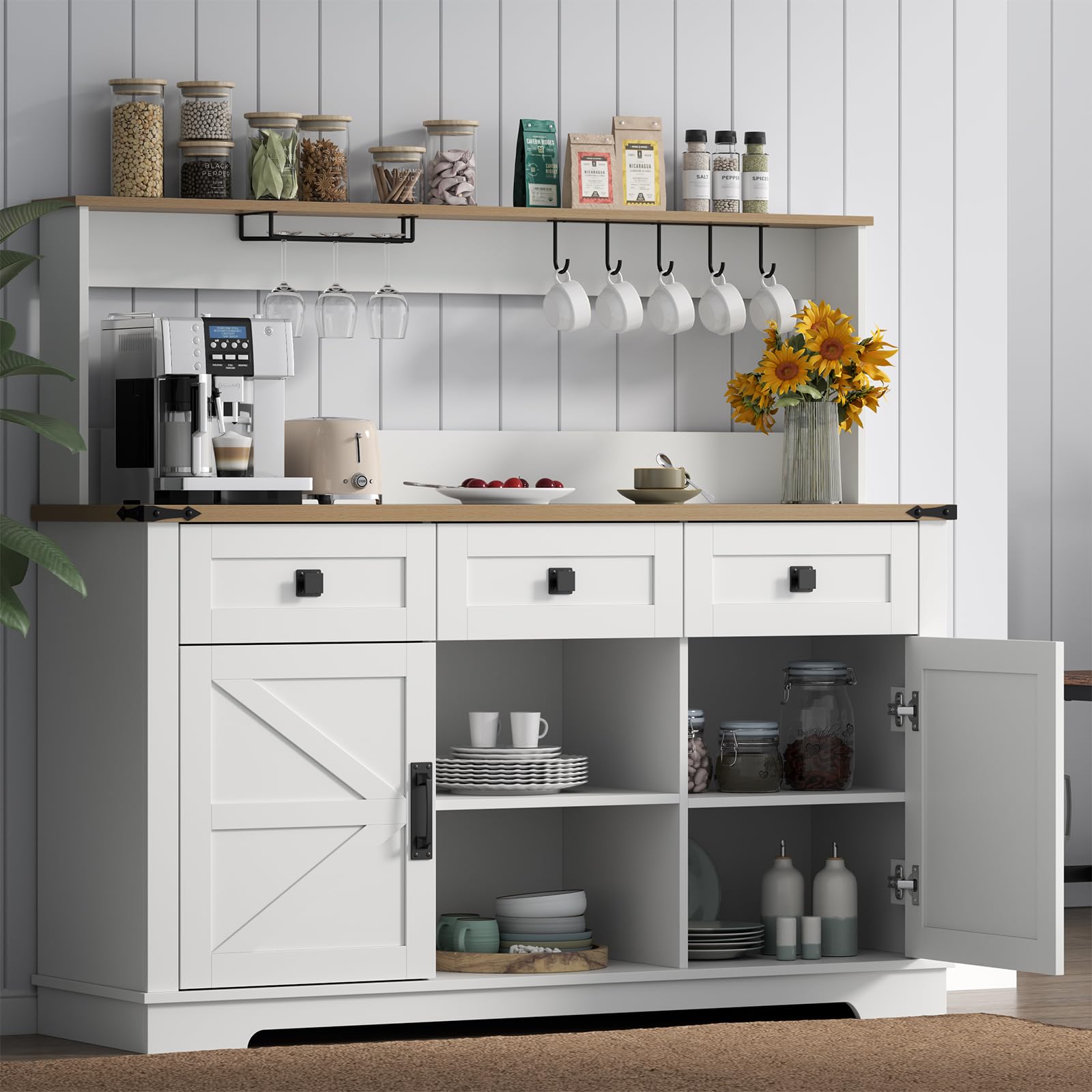 White Farmhouse Bar Cabinet with Hutch, Buffet Storage Unit with 3 Drawers, Goblet Holder, Cup Hooks for Dining Room