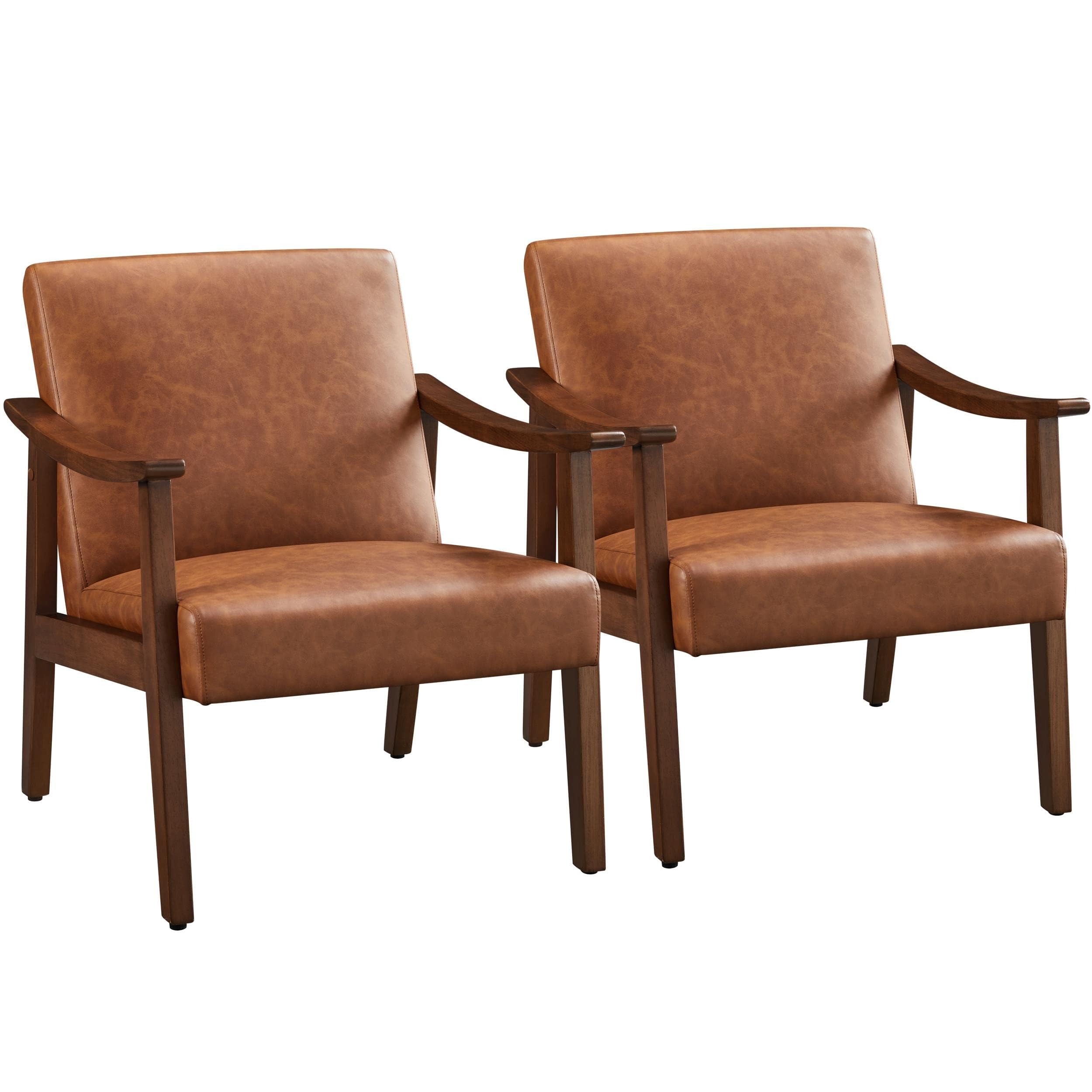 Mid-Century PU Leather Accent Chair, High Back Wood Armchairs for Bedroom, Living Room, Waiting Room, Set of 2