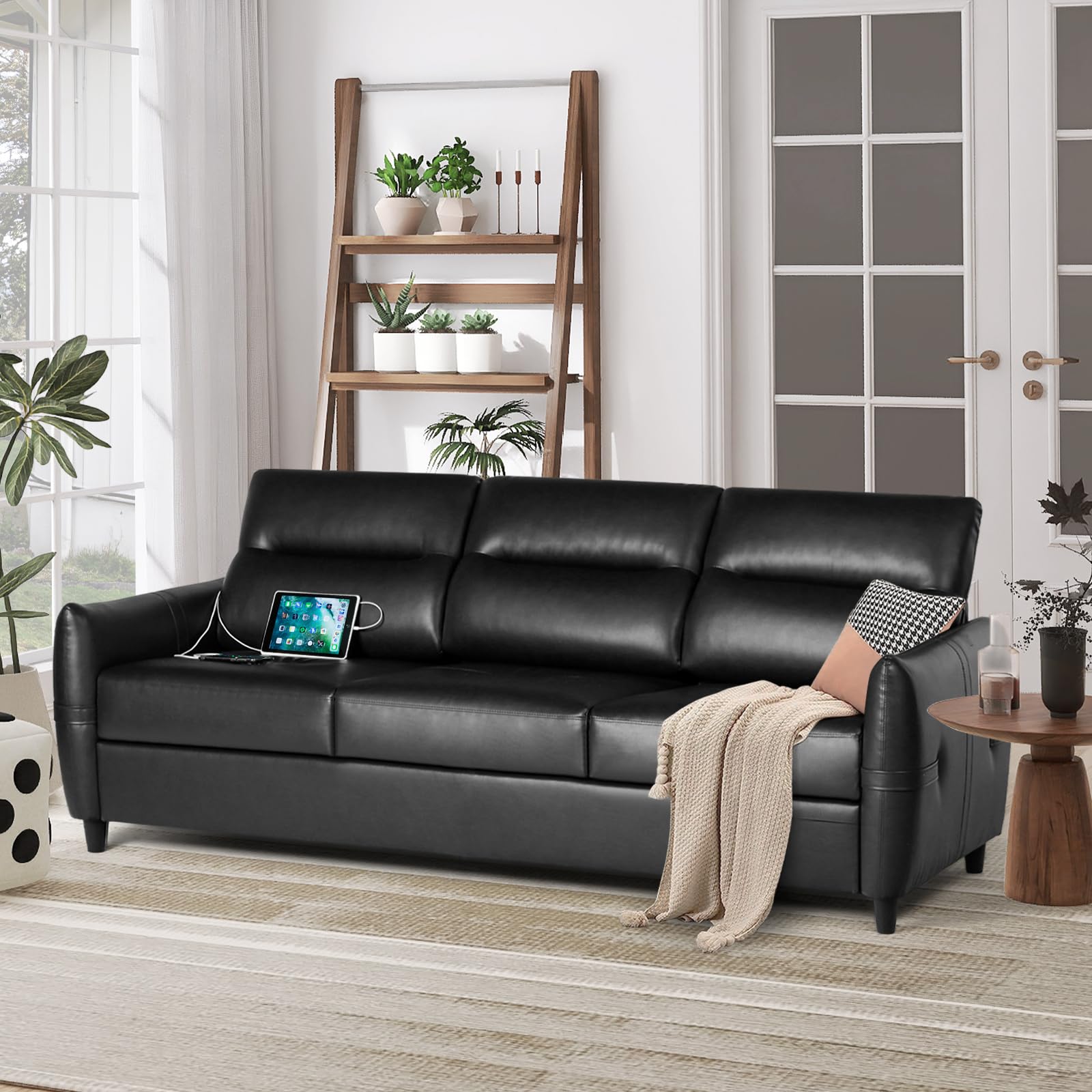 85” Black Faux Leather Couch with USB, Mid-Century 3-Seater Sofa for Living Room, Office, Apartment, Modern Design
