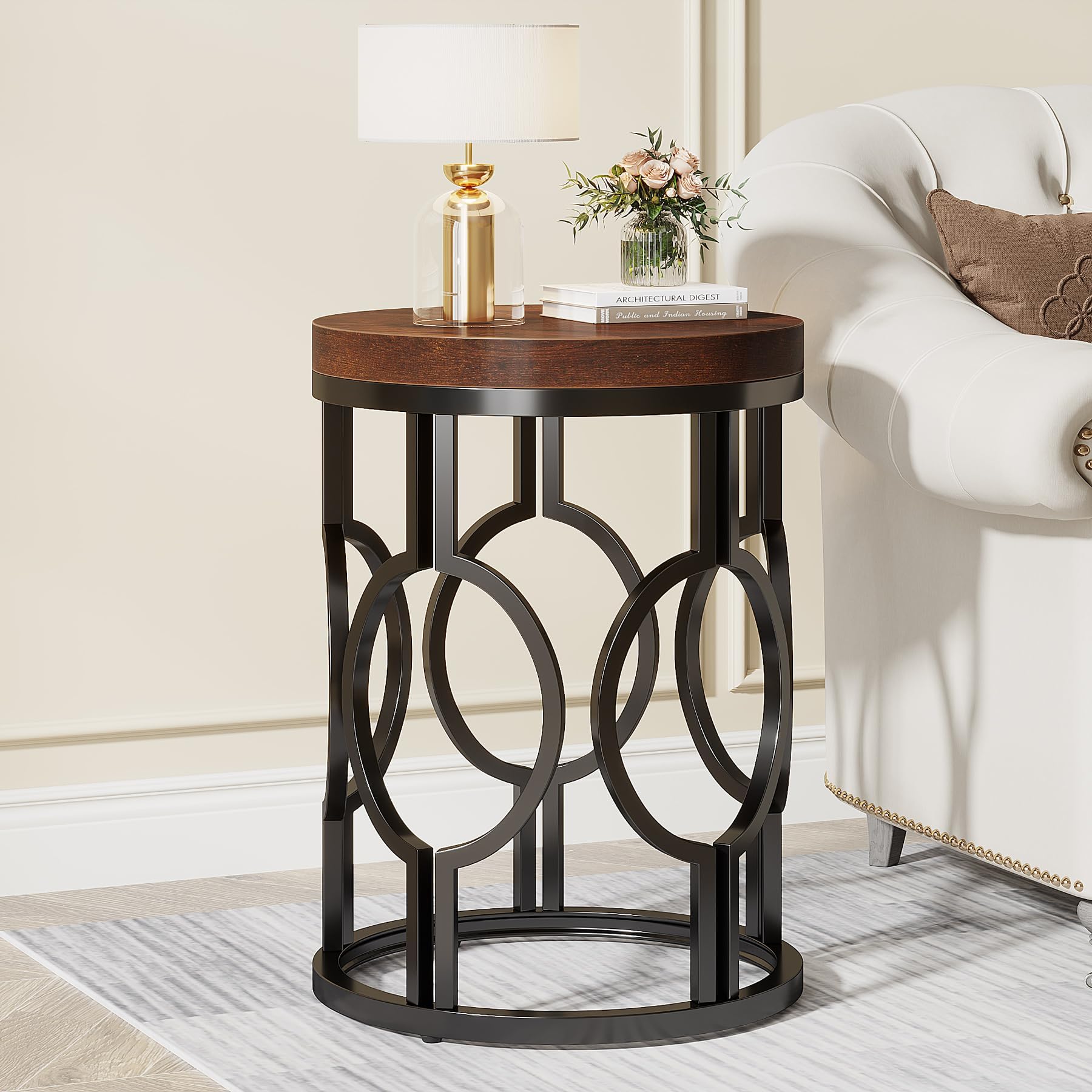 Round Rustic Brown End Table Set of 2, Industrial Side Tables with Metal Hollow Frame, Easy Assembly