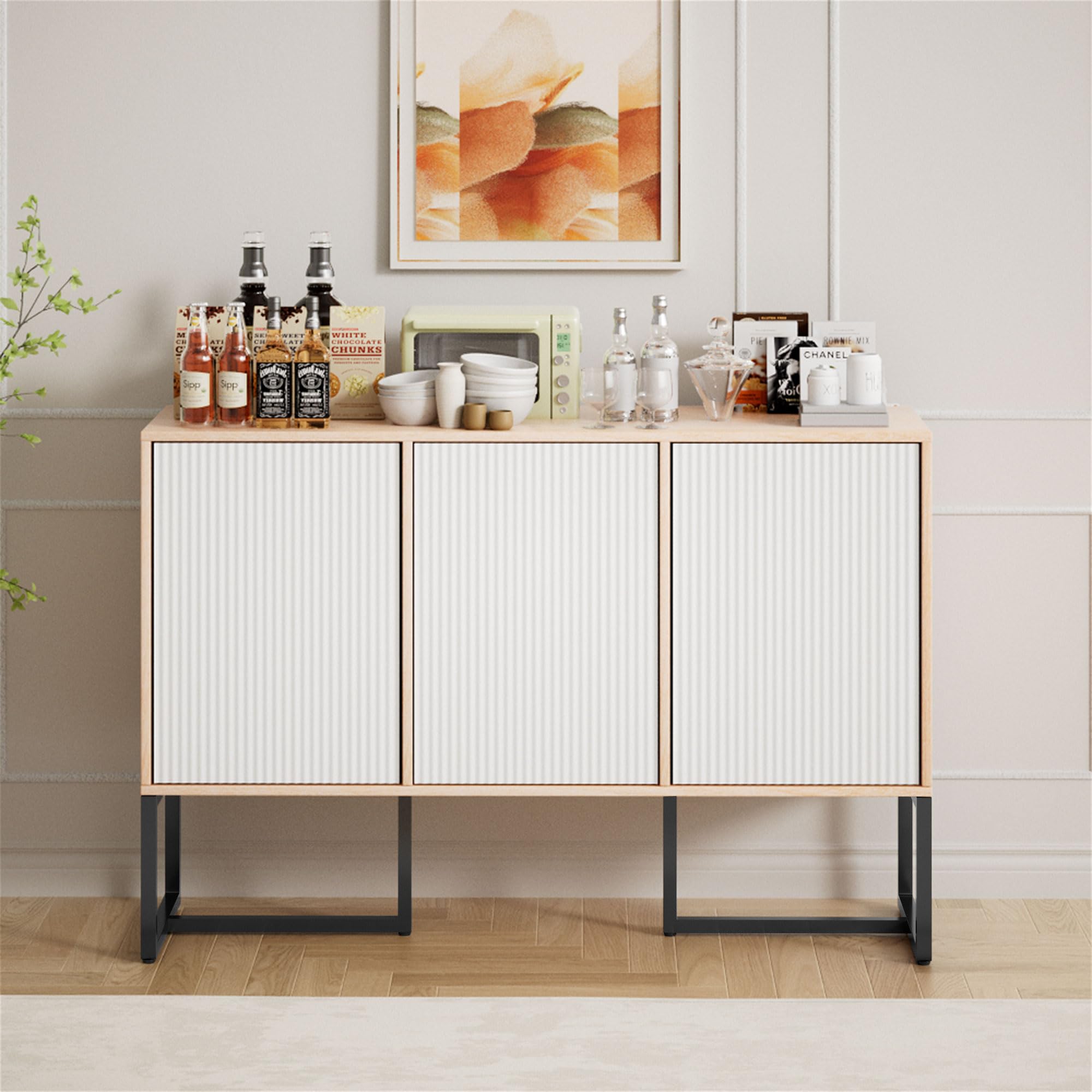 White Buffet Cabinet with Storage, 3-Door Coastal Sideboard with Metal Legs, Coffee Bar Organizer for Kitchen or Entryway