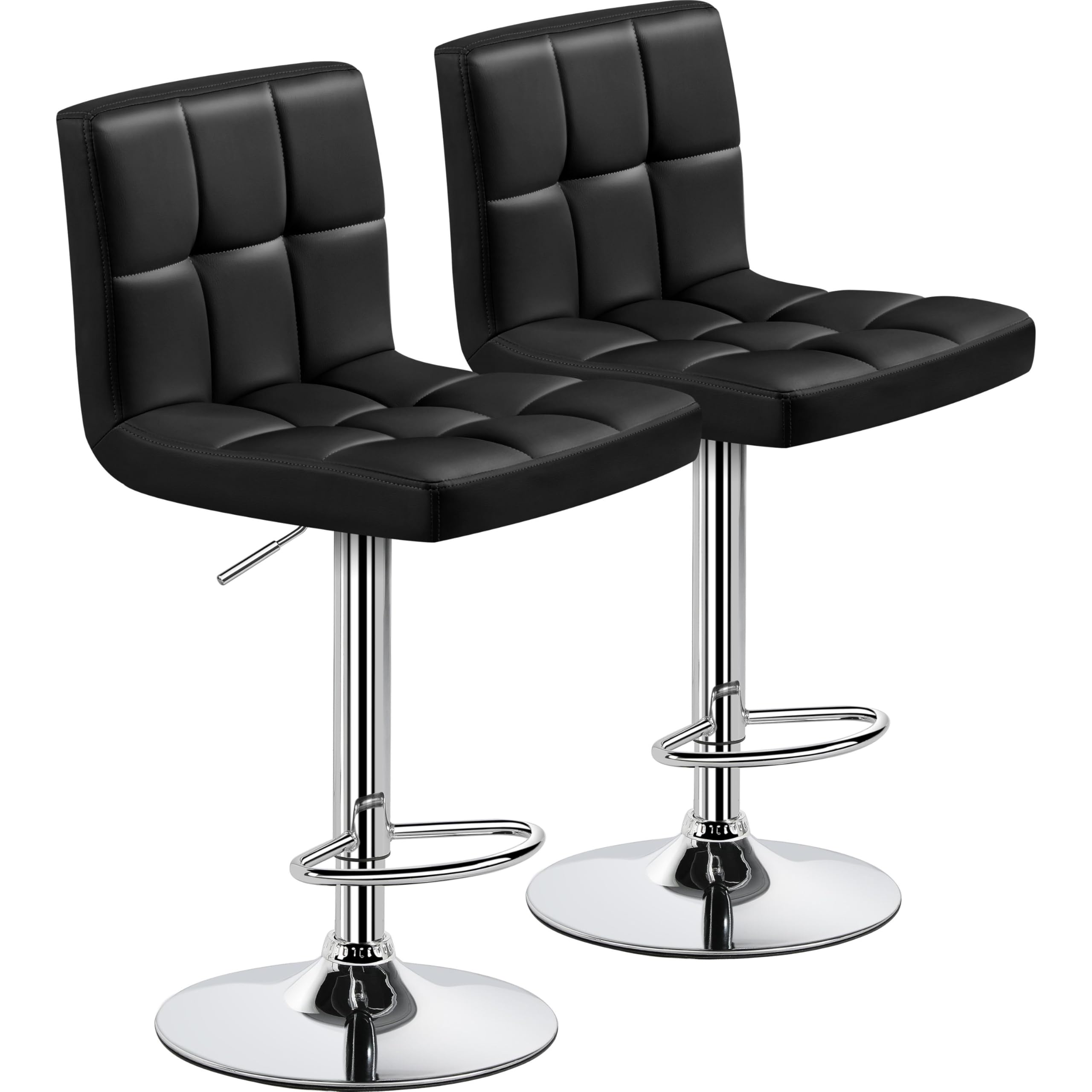 Bar Stools Set of 2, PU Leather Adjustable Swivel Counter Stools with Back & Footrest, Modern Bar Chairs for Kitchen, Black