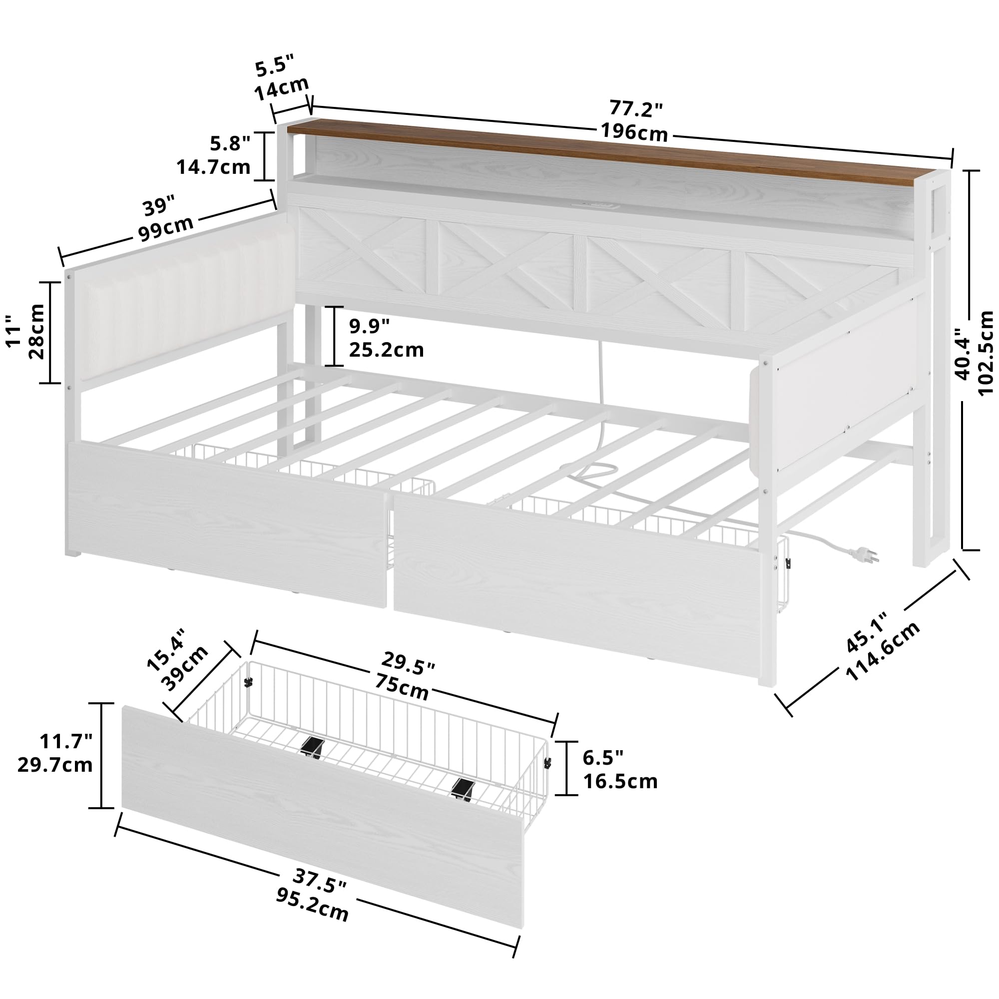 White/Walnut Twin Daybed – Upholstered Daybed with Storage Drawers, Metal Frame, Charging Station, Farmhouse Style