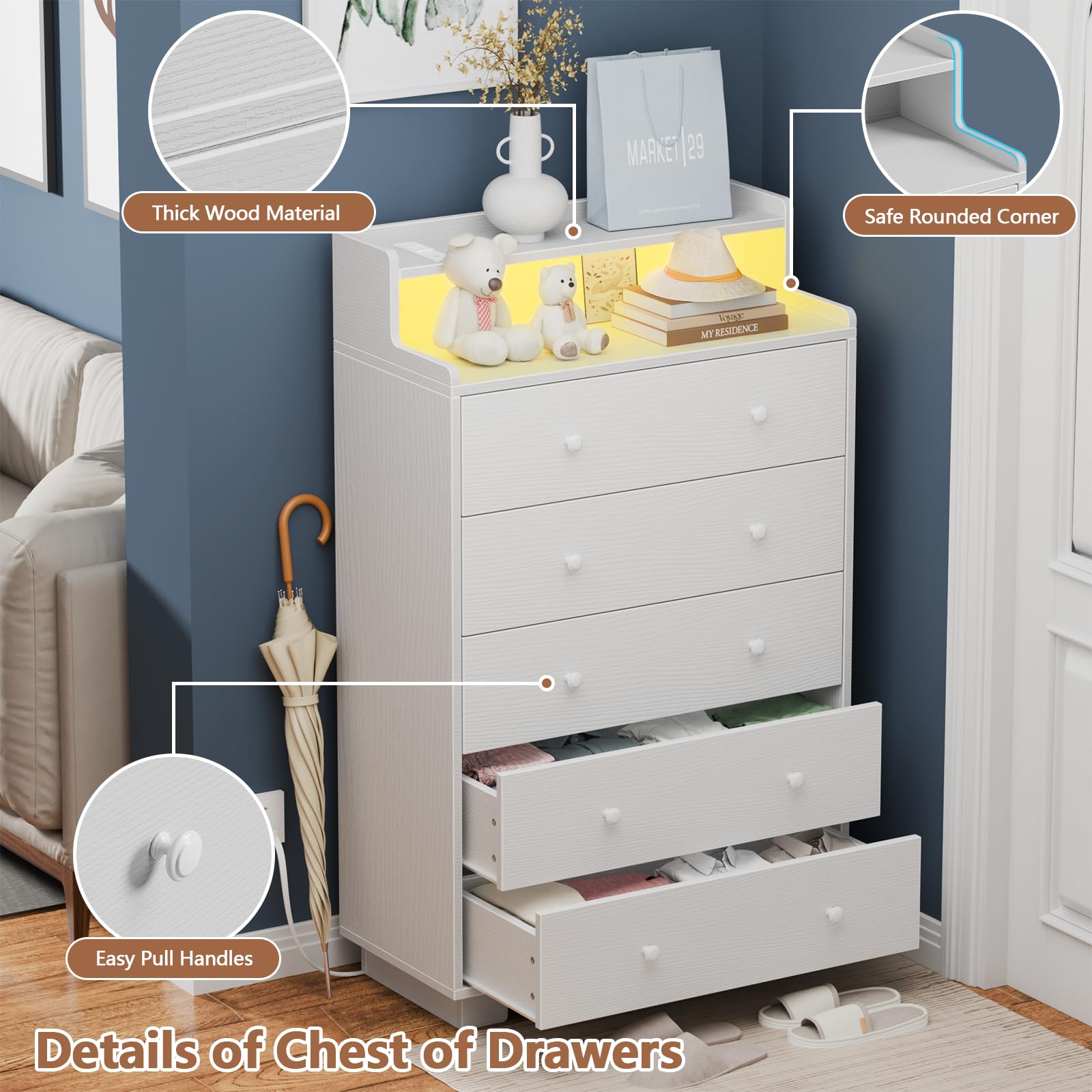 5-Drawer Tall Dresser with LED & Charging Station, White Wood Storage Chest for Bedroom, Closet, or Entryway