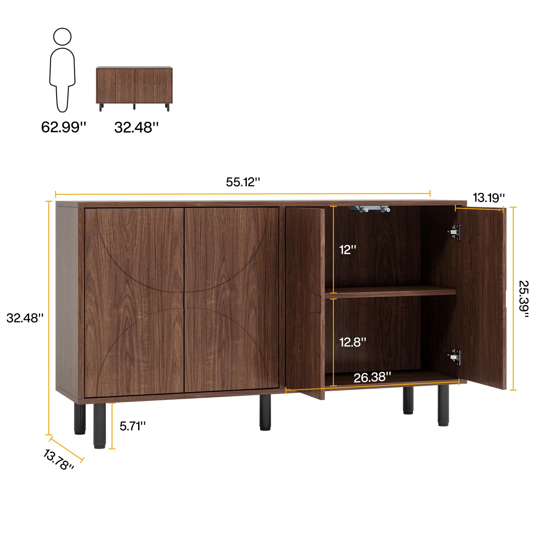 Sideboard Buffet Cabinet with Storage, 55" Mid-Century Credenza Cabinet with 4 Doors & Adjustable Shelves for Kitchen