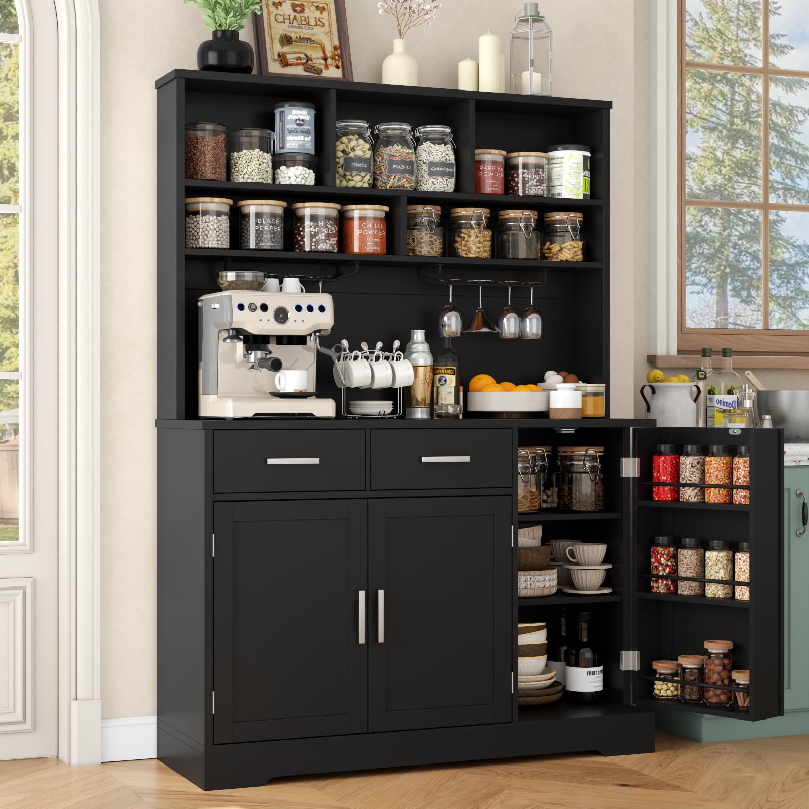 FURNIXI Pantry Storage Cabinet with Drawers, Black Tall Hutch with Microwave Shelf, Goblet Holders, Adjustable Shelves for Kitchen