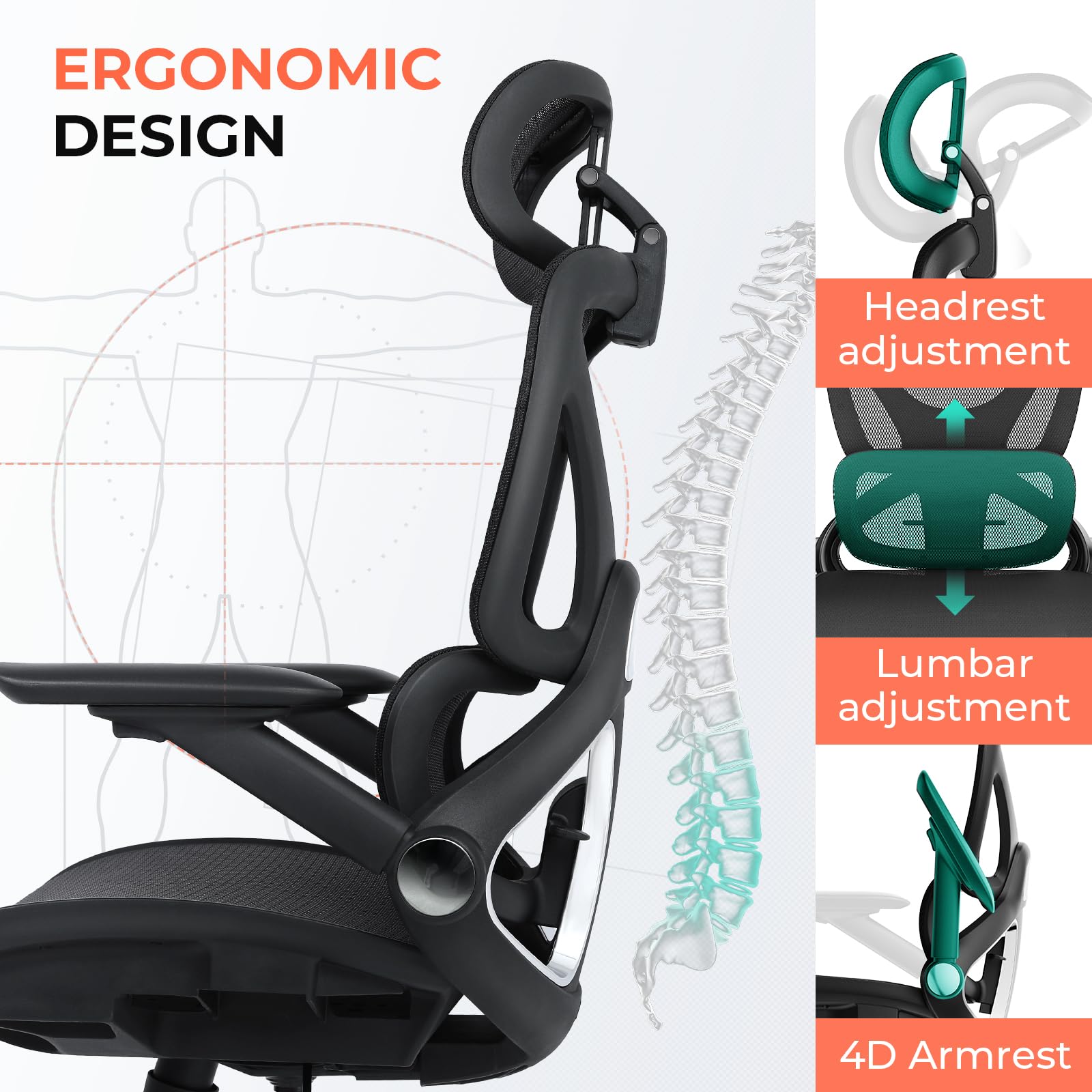 400lbs Ergonomic Mesh Office Chair, 4D Arms, 3D Headrest, Tilt Backrest & PU Wheels, Swivel Desk Chair, Black