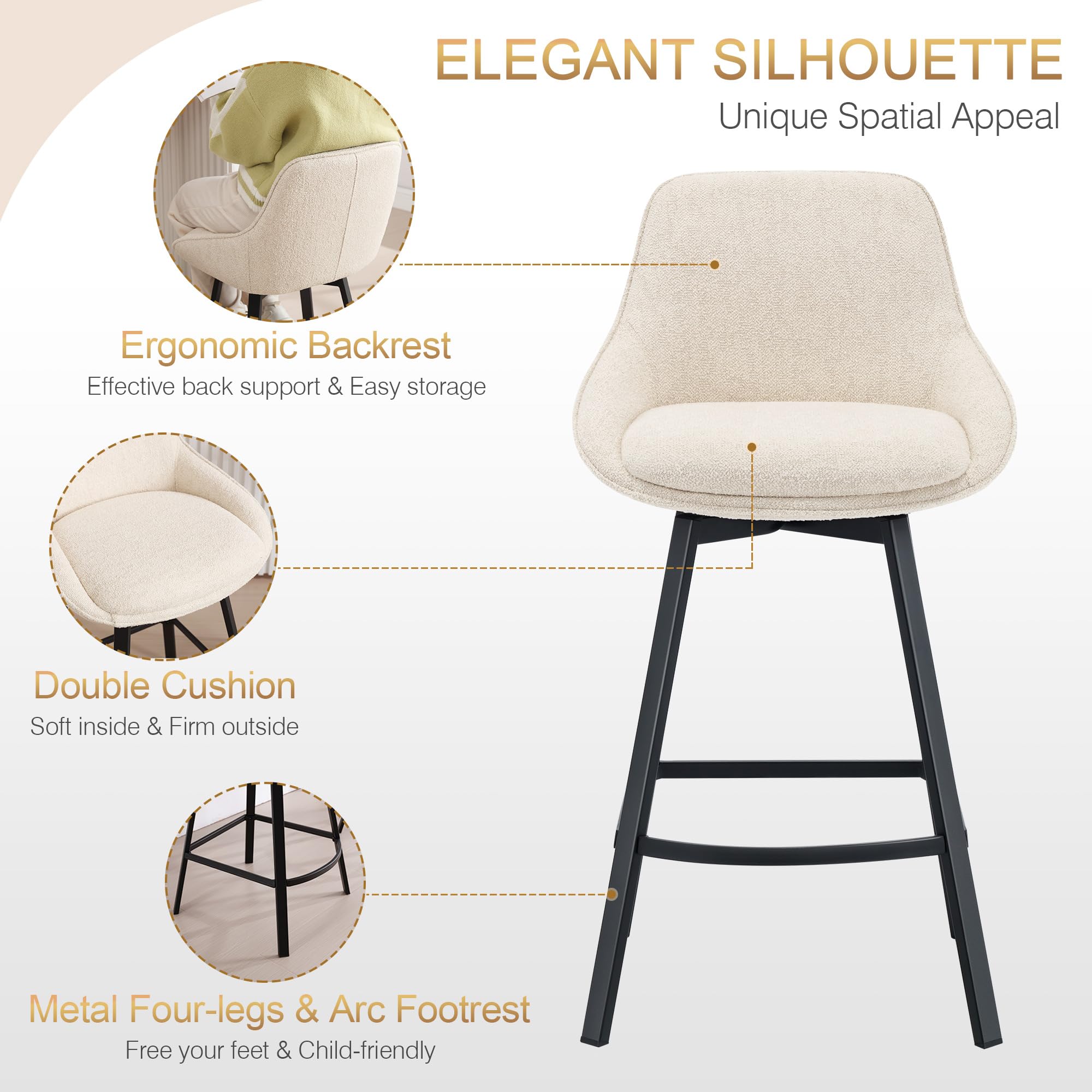 Swivel Bar Stools Set of 3, Modern 26'' Upholstered Counter Height Barstools with Backs and Metal Legs for Kitchen Island, Beige