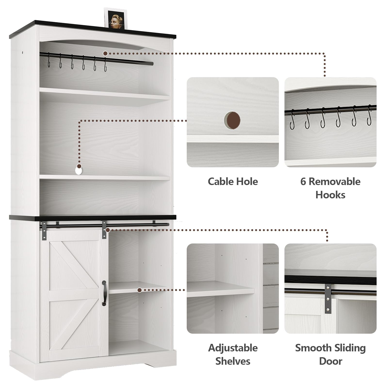 Farmhouse Coffee Bar Cabinet with Hutch, 70" White Buffet Cabinet with 3 Tier Shelves & Sliding Barn Door for Dining Room