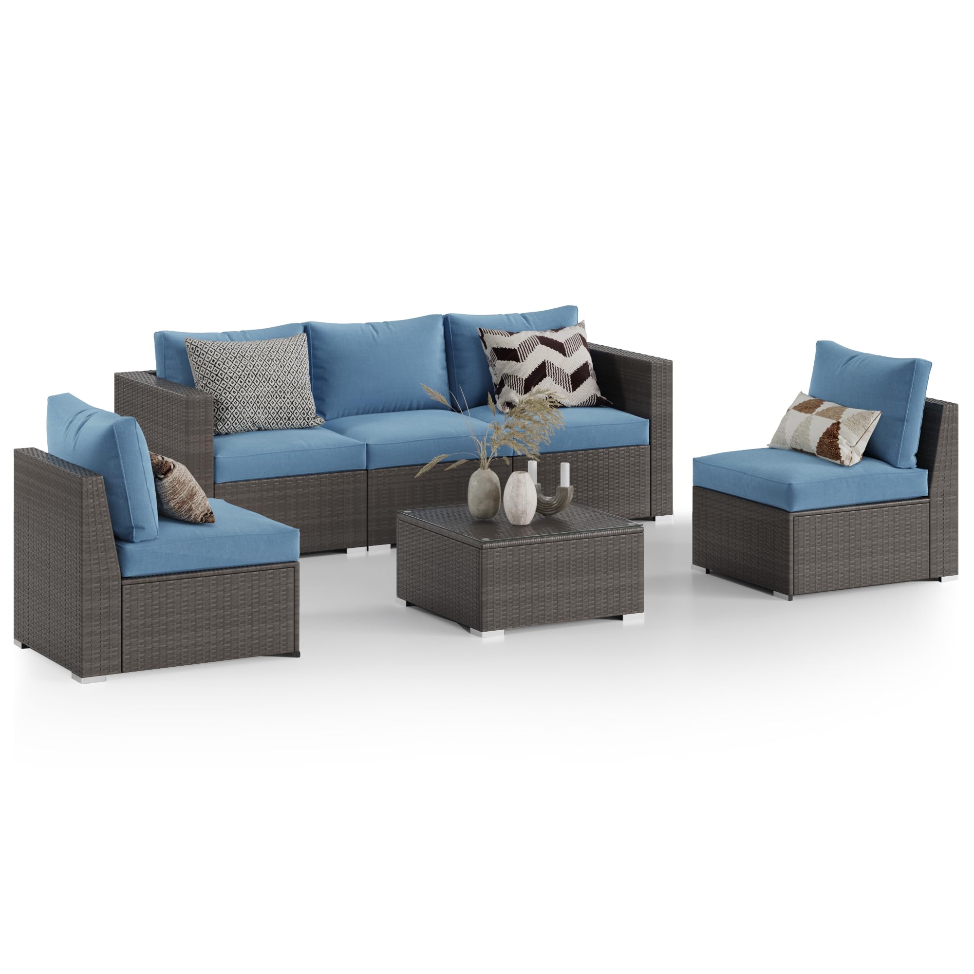 Outdoor 2-Piece Wicker Loveseat Set with Cushions, Sectional Patio Corner Sofa for Garden, Blue