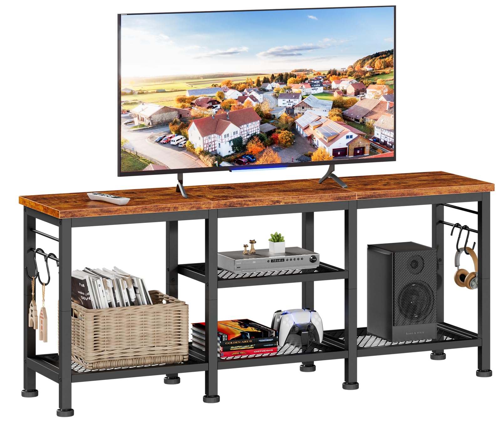TV Stand for TVs up to 55" – Rustic Brown Media Console with Open Storage Shelves & Soundbar Shelf for Living Room or Bedroom
