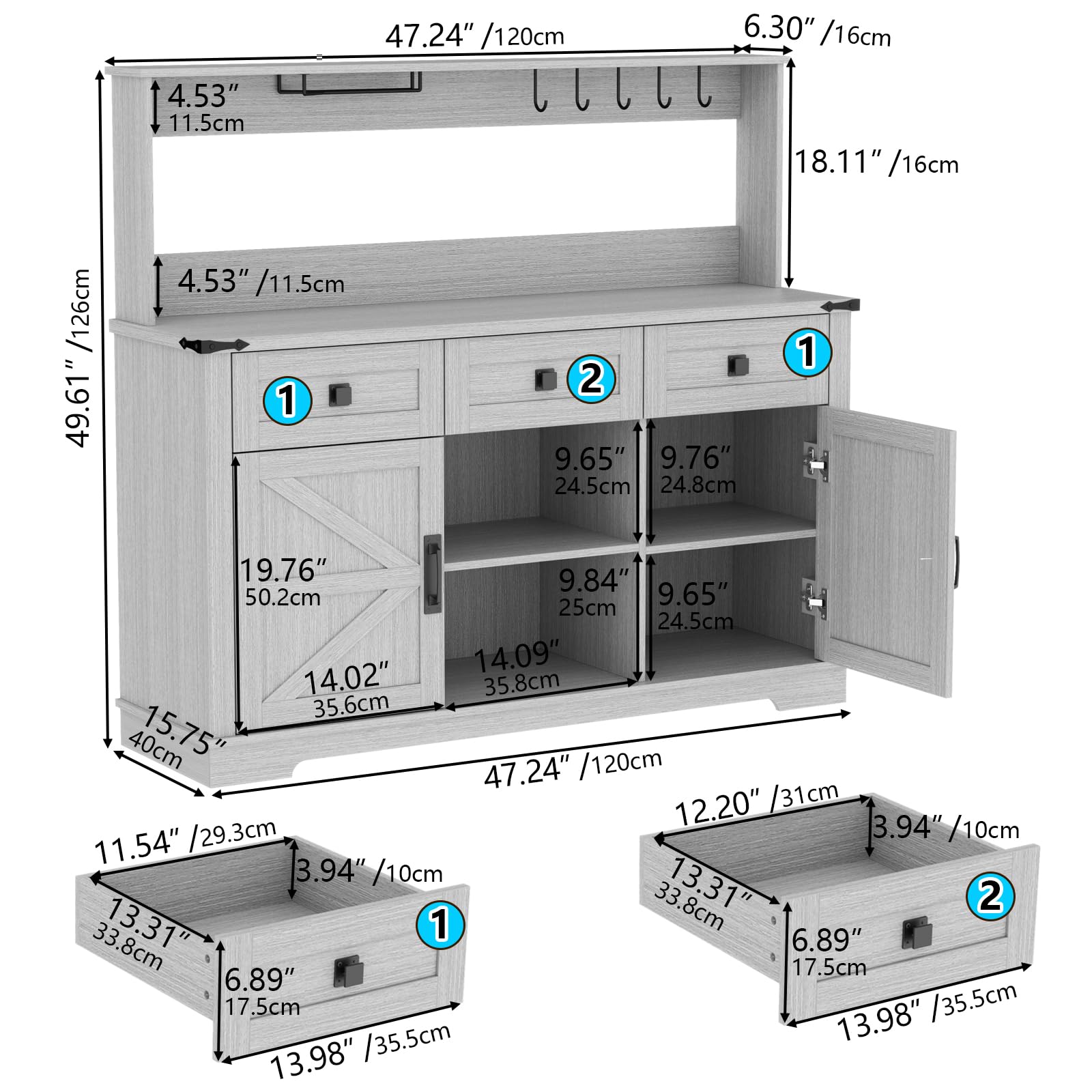 FURNIXI Grey Farmhouse Bar Cabinet with Hutch, Buffet Storage Unit with 3 Drawers, Cup Hooks, Goblet Holder for Kitchen Dining