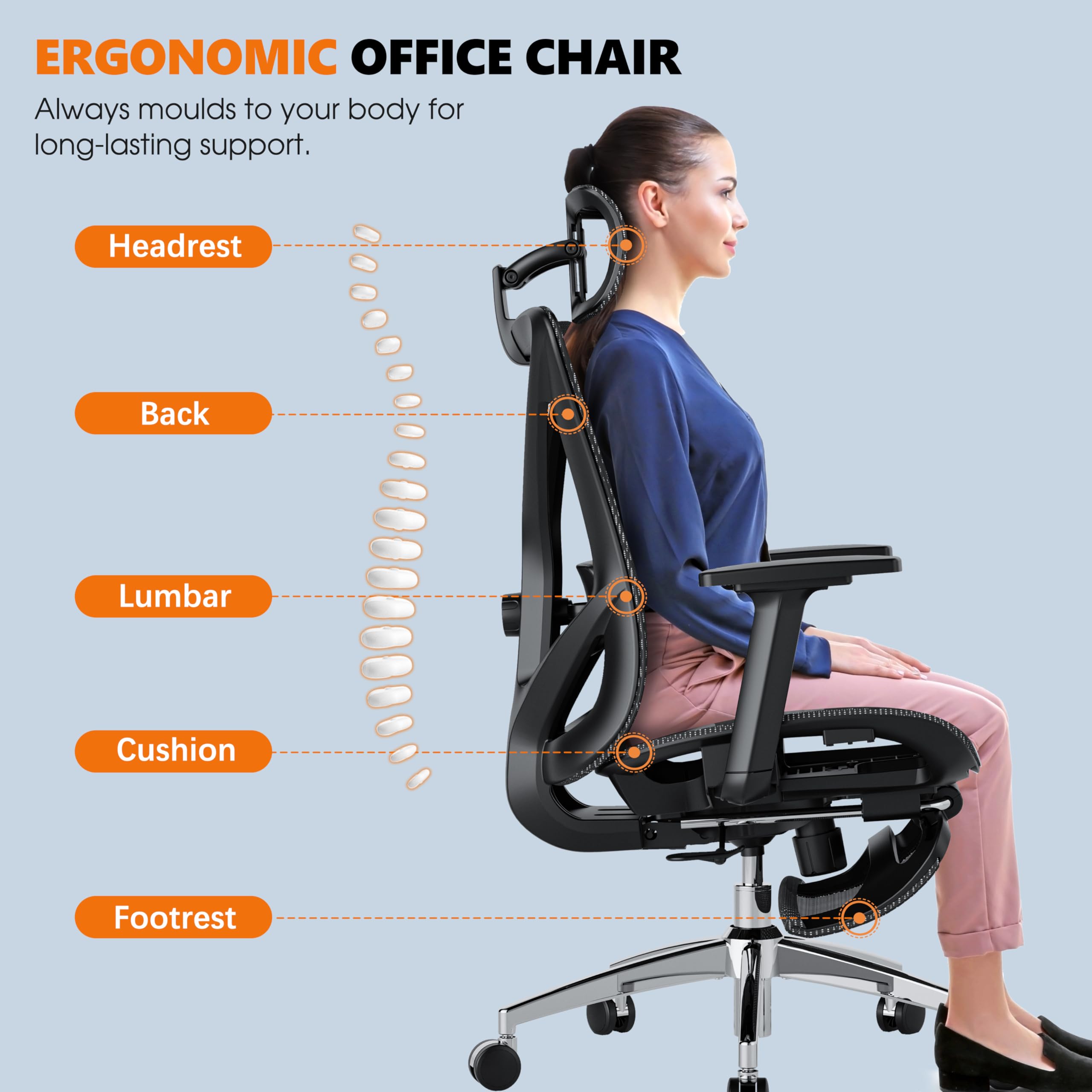 Reclining Ergonomic Office Chair with Footrest, Adjustable Lumbar, 3D Arms & Headrest, 300LBS Swivel Chair