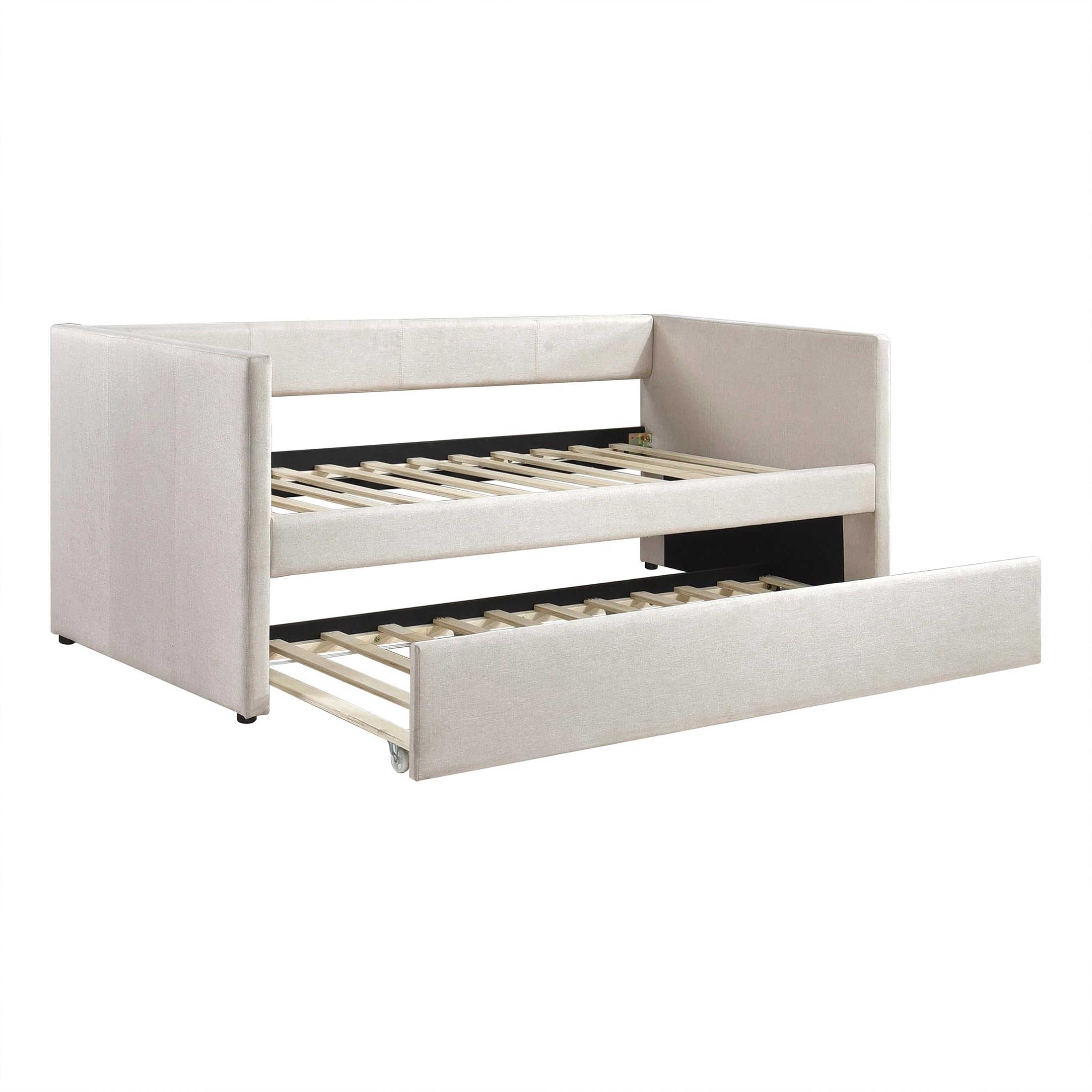 Upholstered Twin Daybed with Trundle – Beige Sofa Bed with Wood Slats for Bedroom, Guest Room, No Box Spring Needed