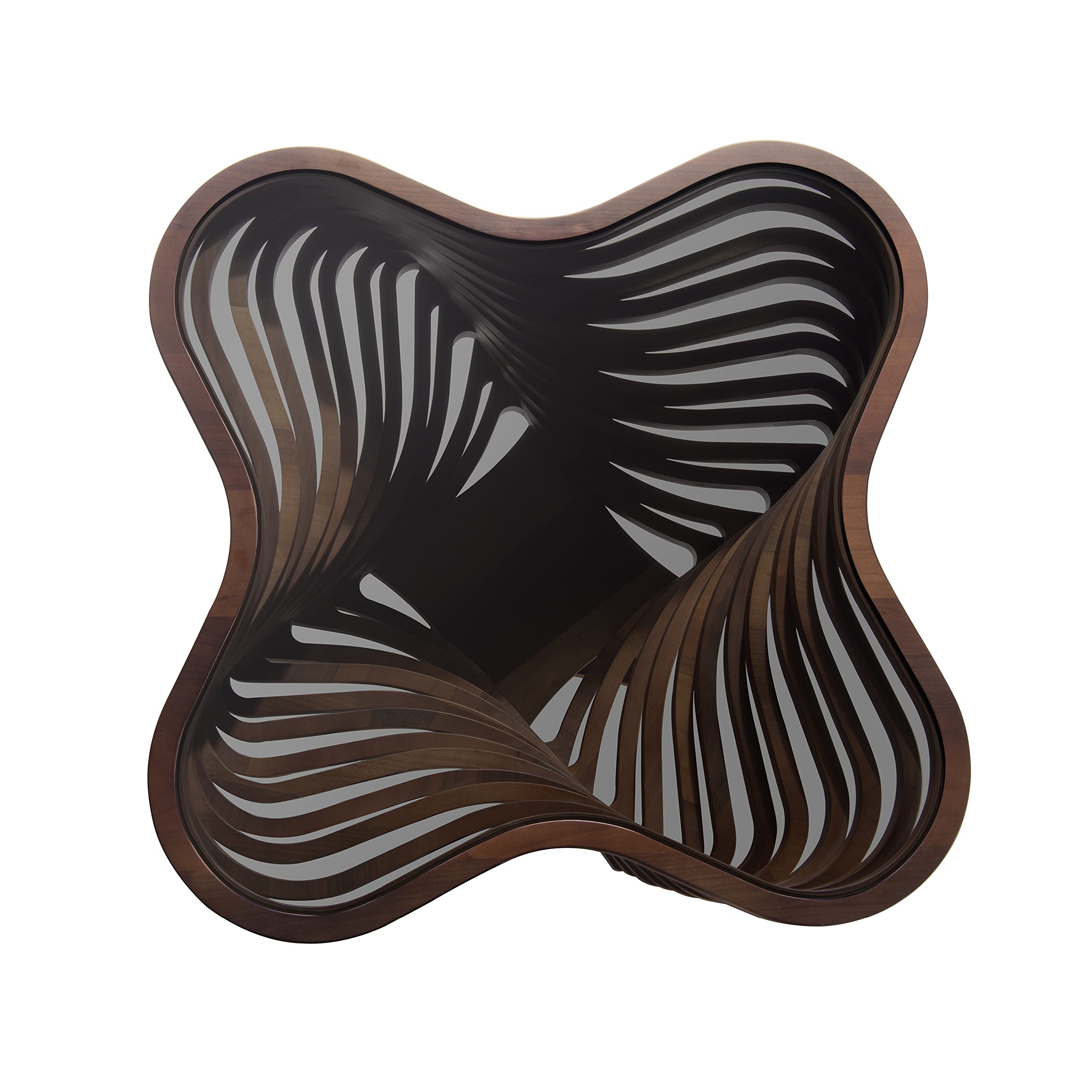 Modern Walnut Coffee Table with Tempered Glass Top, Layered Wave Design, Rustic Living Room Accent