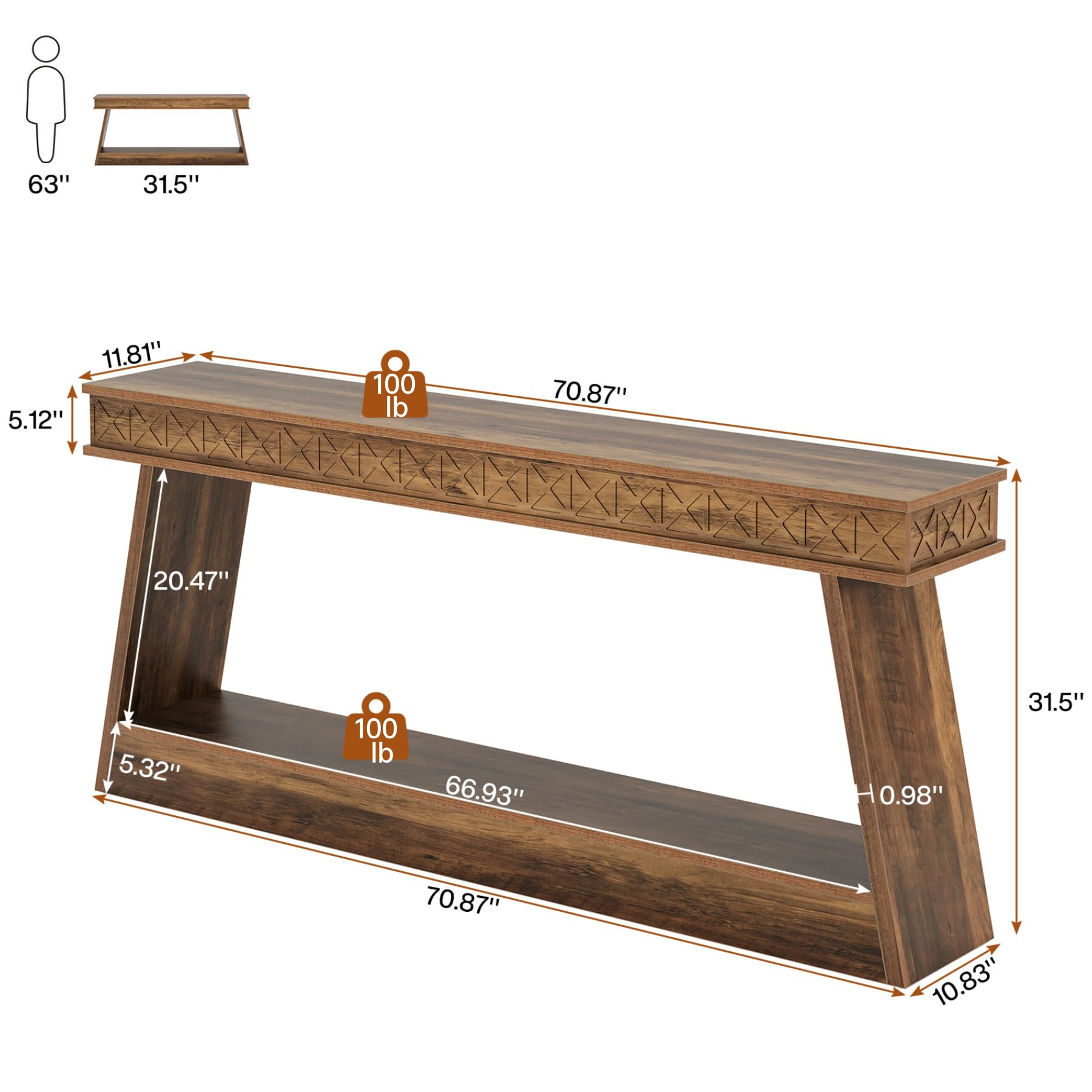 71" Extra Long Farmhouse Console Table, 2-Tier Wooden Sofa Table Behind Couch with Storage, Rustic Brown