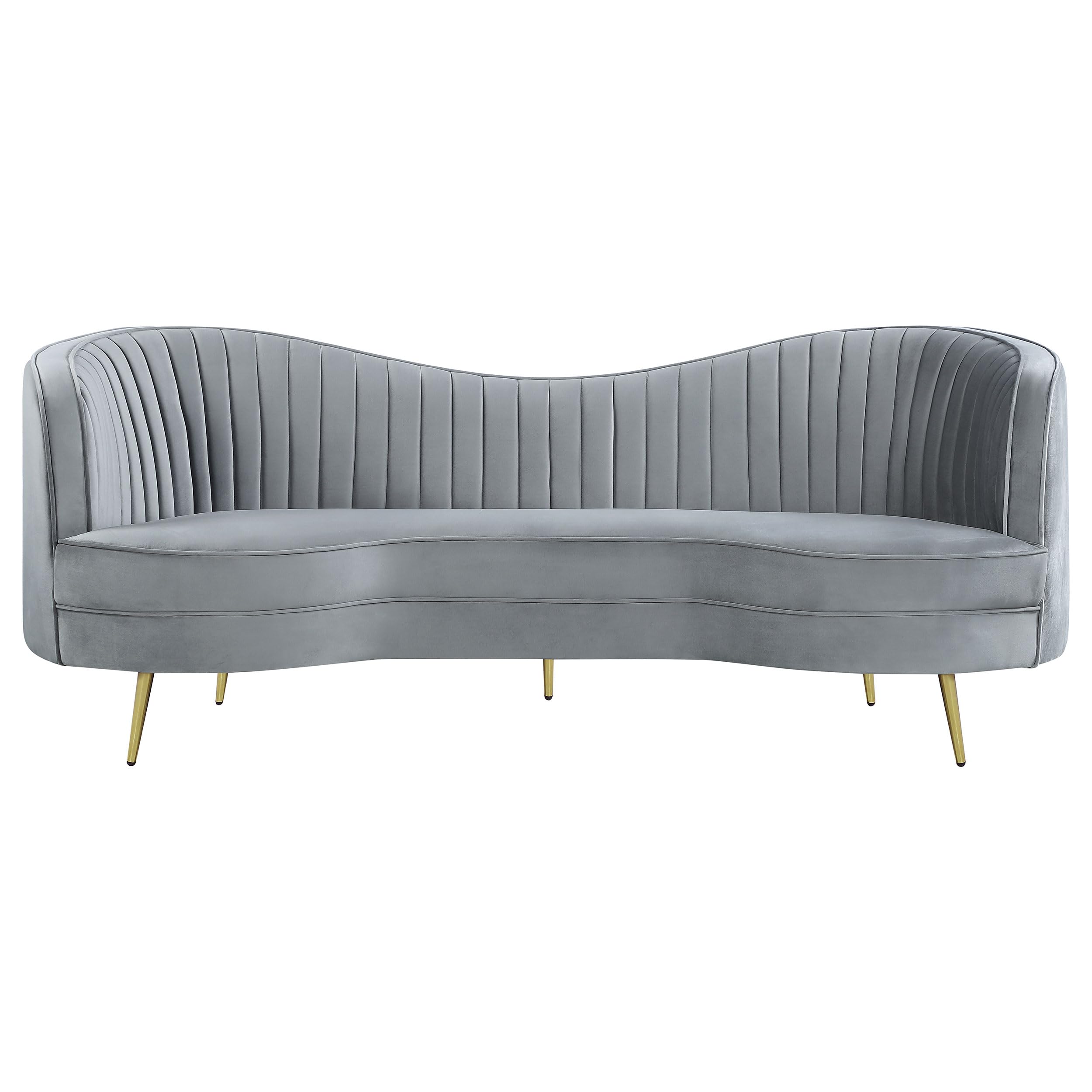 Sophia Gray Tufted Loveseat Sofa with Inverted Camel Back, Velvet Upholstery & Gold Legs for Living Room