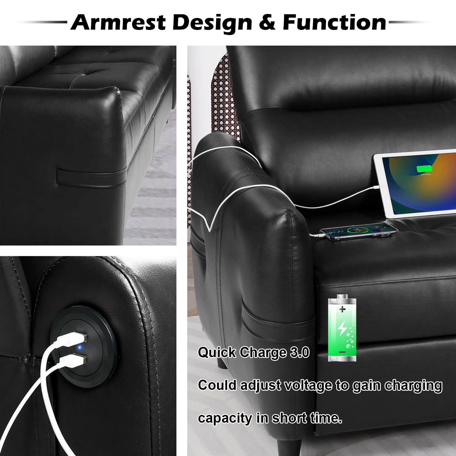 85” Black Faux Leather Couch with USB, Mid-Century 3-Seater Sofa for Living Room, Office, Apartment, Modern Design