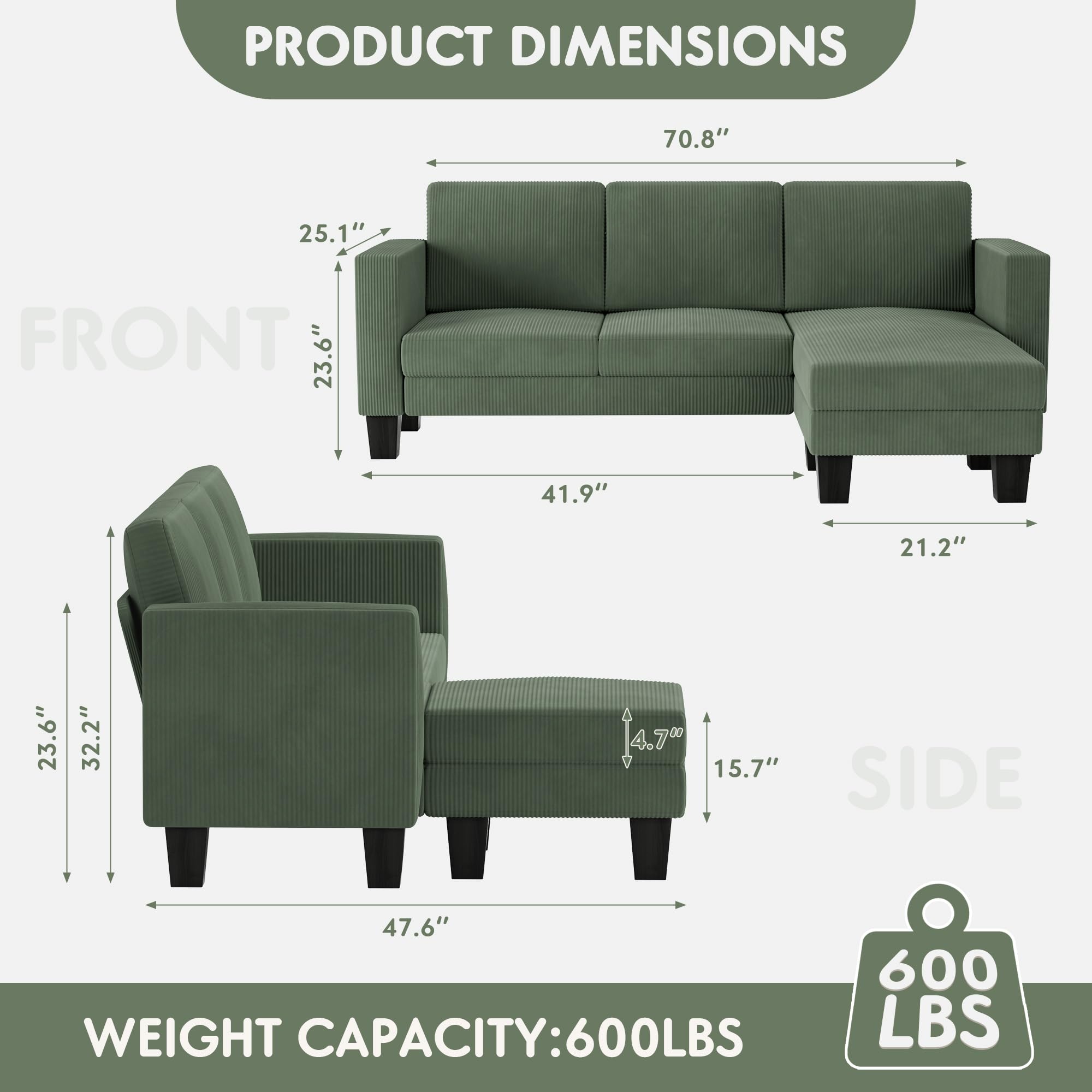 70" Green L-Shaped Convertible Sectional Sofa with Corduroy Fabric & Mobile Footrest for Living Room, Office, Apartment