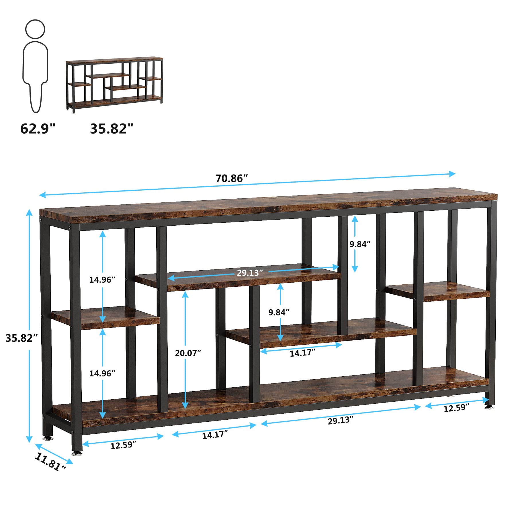 70.9" Industrial Console Table, 3-Tier Extra Long Sofa Table with Storage for Hallway, Living Room, Rustic Brown