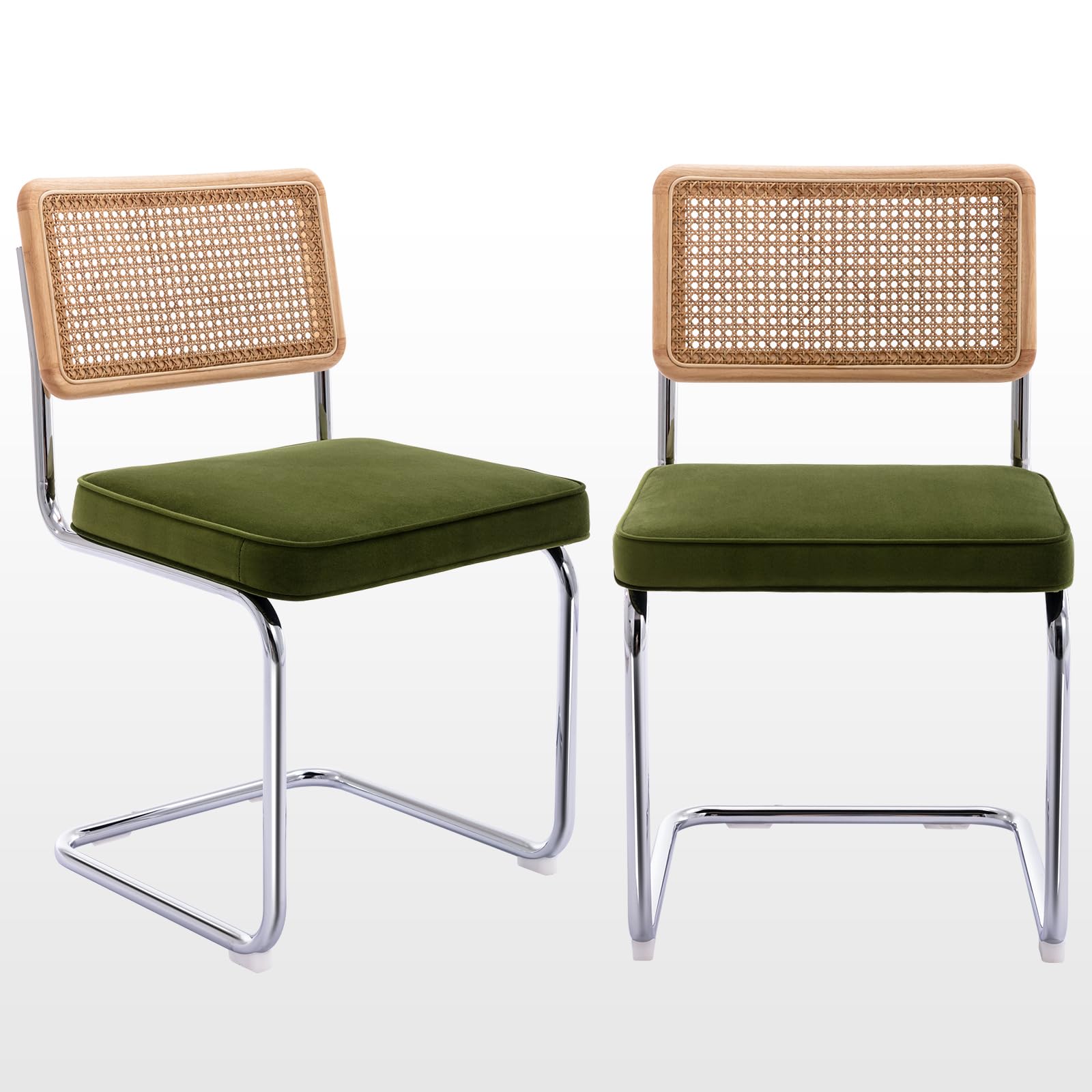 Set of 2 Rattan Dining Chairs, Green Velvet Upholstered Boho Kitchen Chairs with Wood Back & Chrome Base