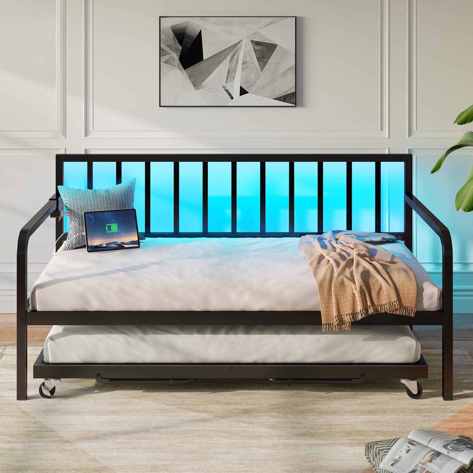Adjustable Twin Daybed – Metal Sofa Bed with Trundle, Charging Station & LED Lights, Great for Living Room or Guest Room