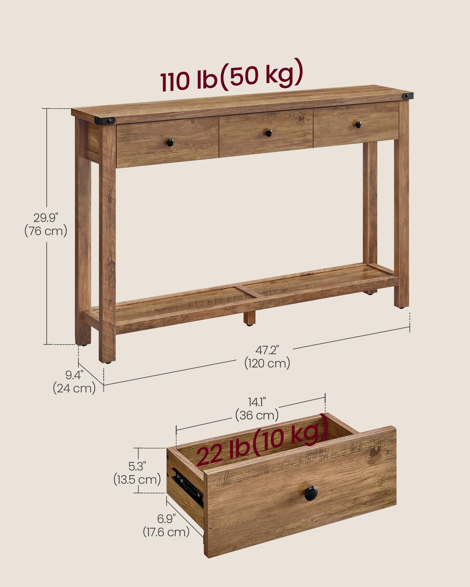 Narrow Entryway Console Table with 3 Drawers, Open Shelf & Metal Corners, Farmhouse Style Sofa Table, Honey Brown
