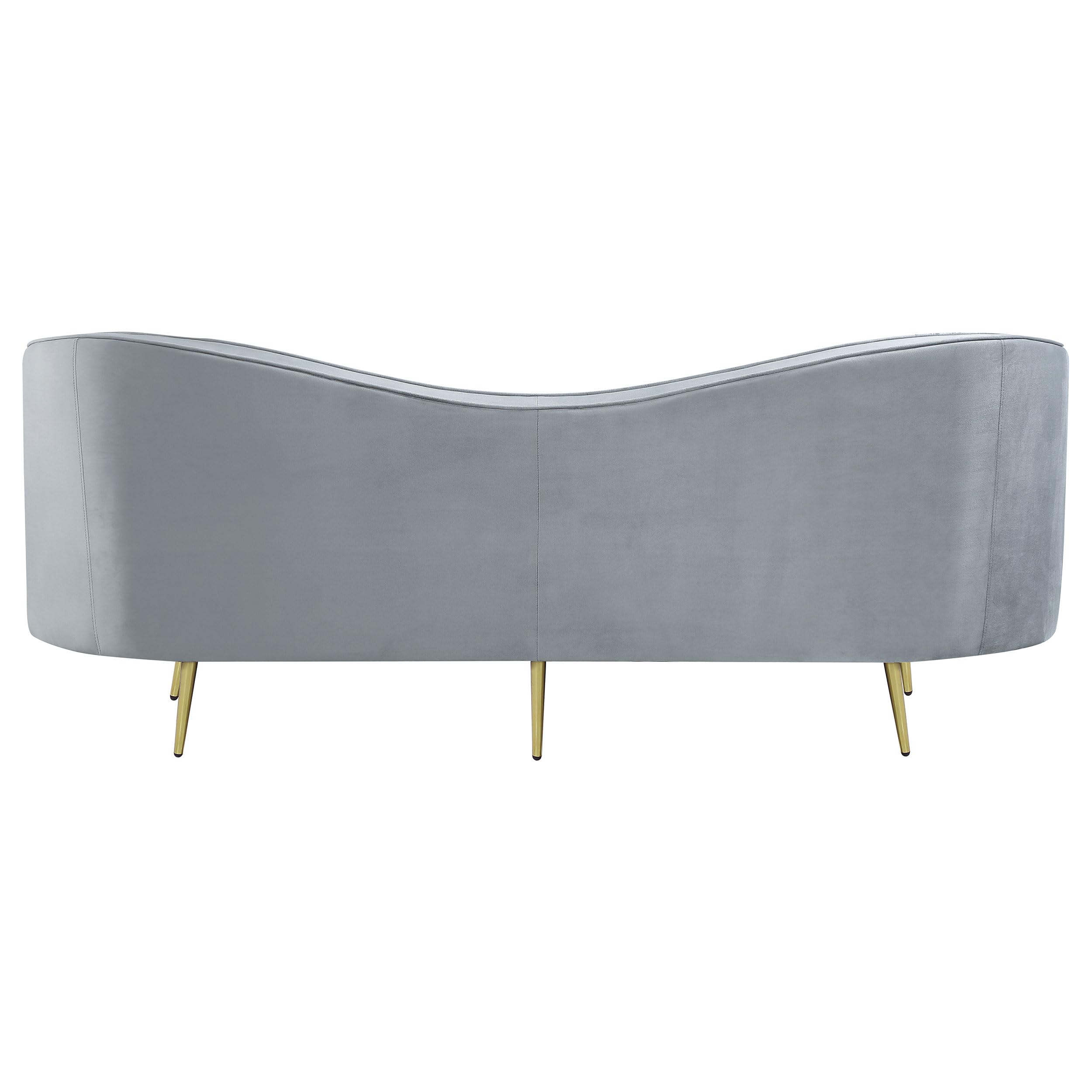 Sophia Gray Tufted Loveseat Sofa with Inverted Camel Back, Velvet Upholstery & Gold Legs for Living Room