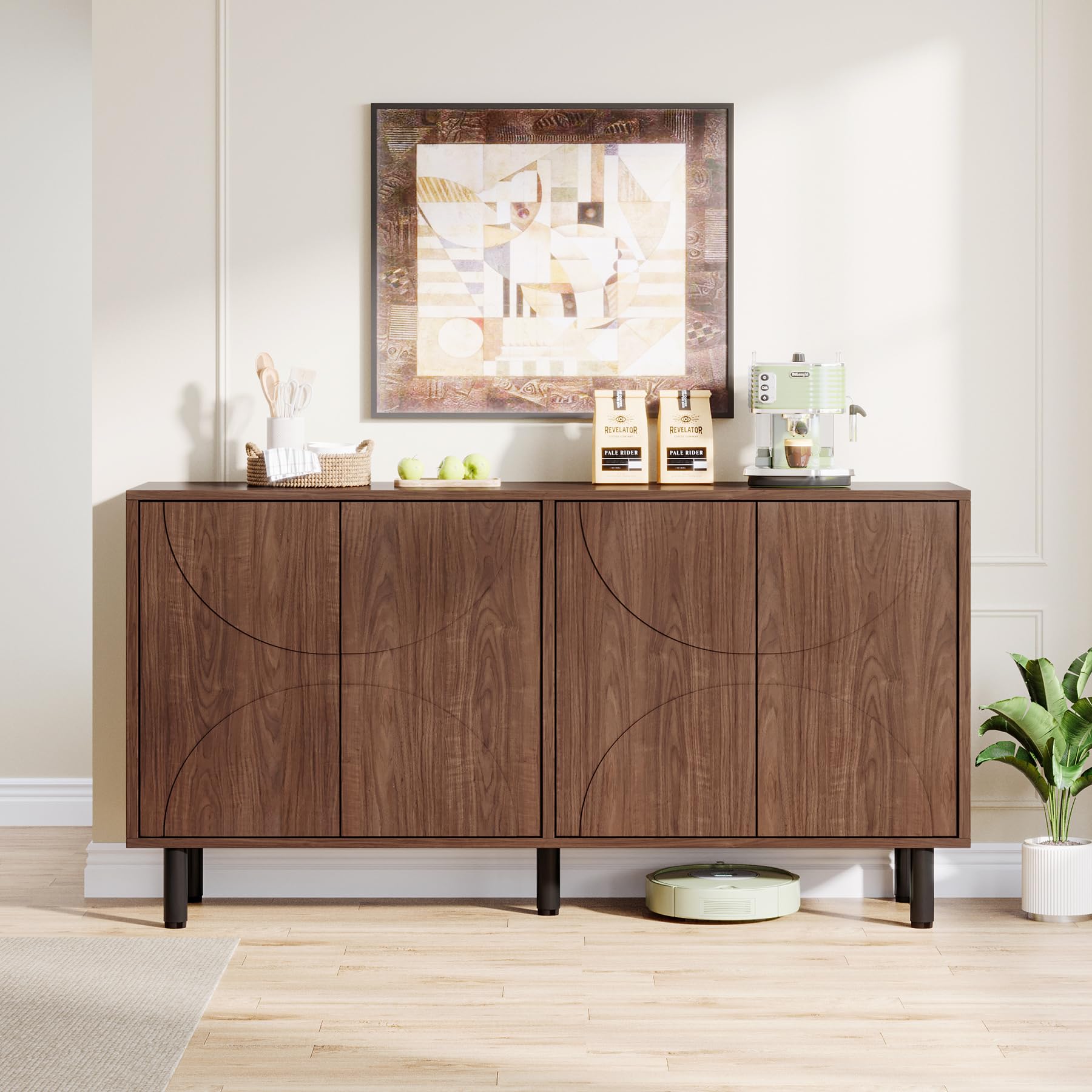 Sideboard Buffet Cabinet with Storage, 55" Mid-Century Credenza Cabinet with 4 Doors & Adjustable Shelves for Kitchen
