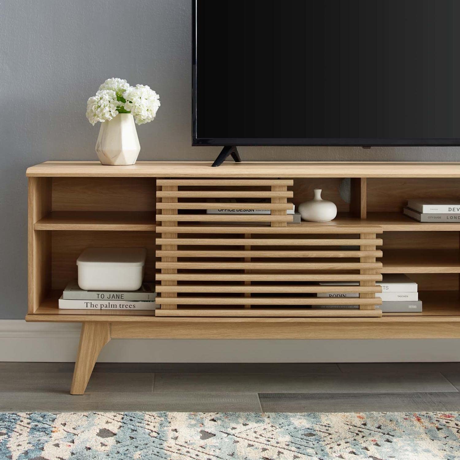 71" Mid-Century TV Stand – Low Profile Oak Wood Media Console with Open Storage for Living Room
