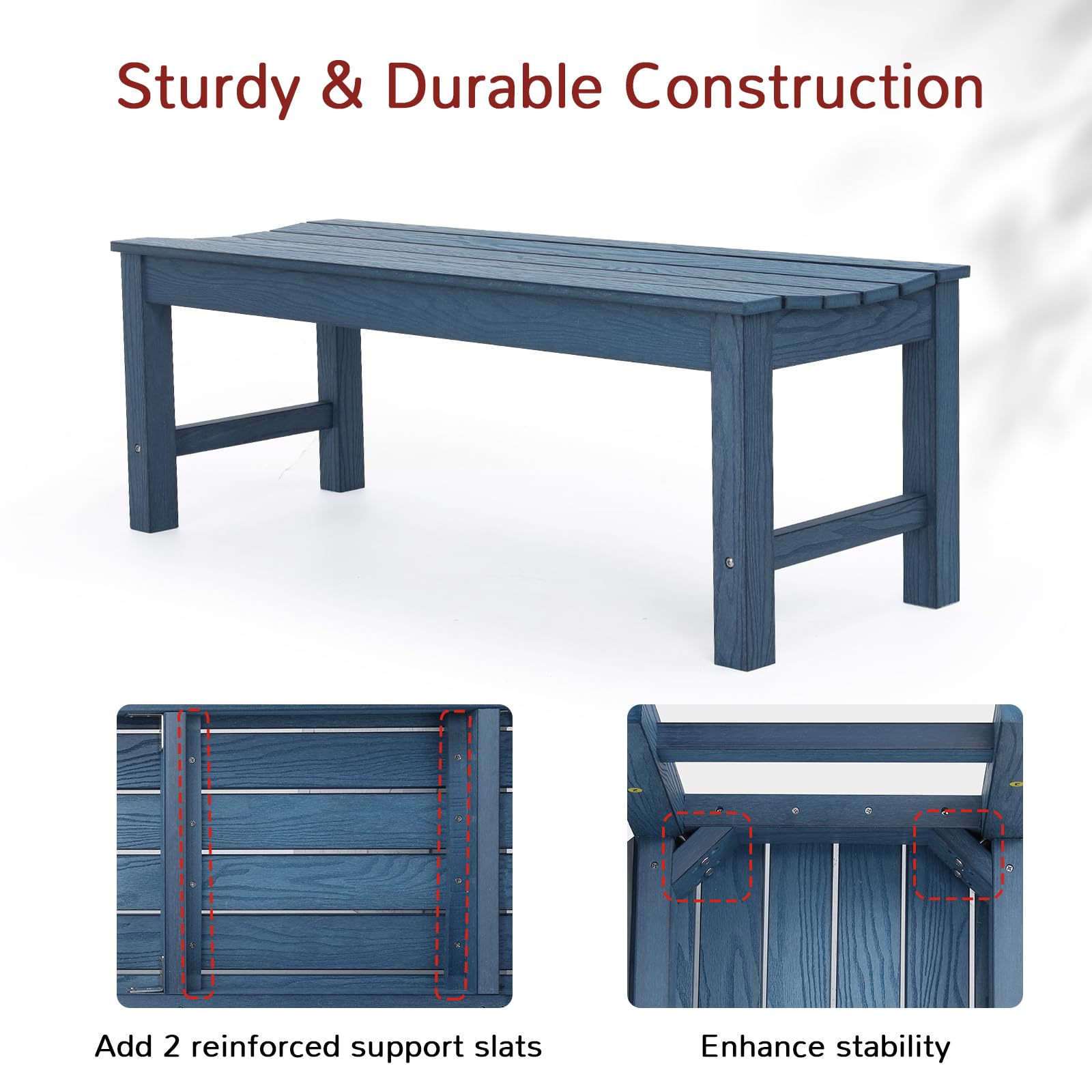 Blue Poly Lumber 2-Person Outdoor Garden Bench, Waterproof & Fade-Resistant, for Porch, Deck, Entryway