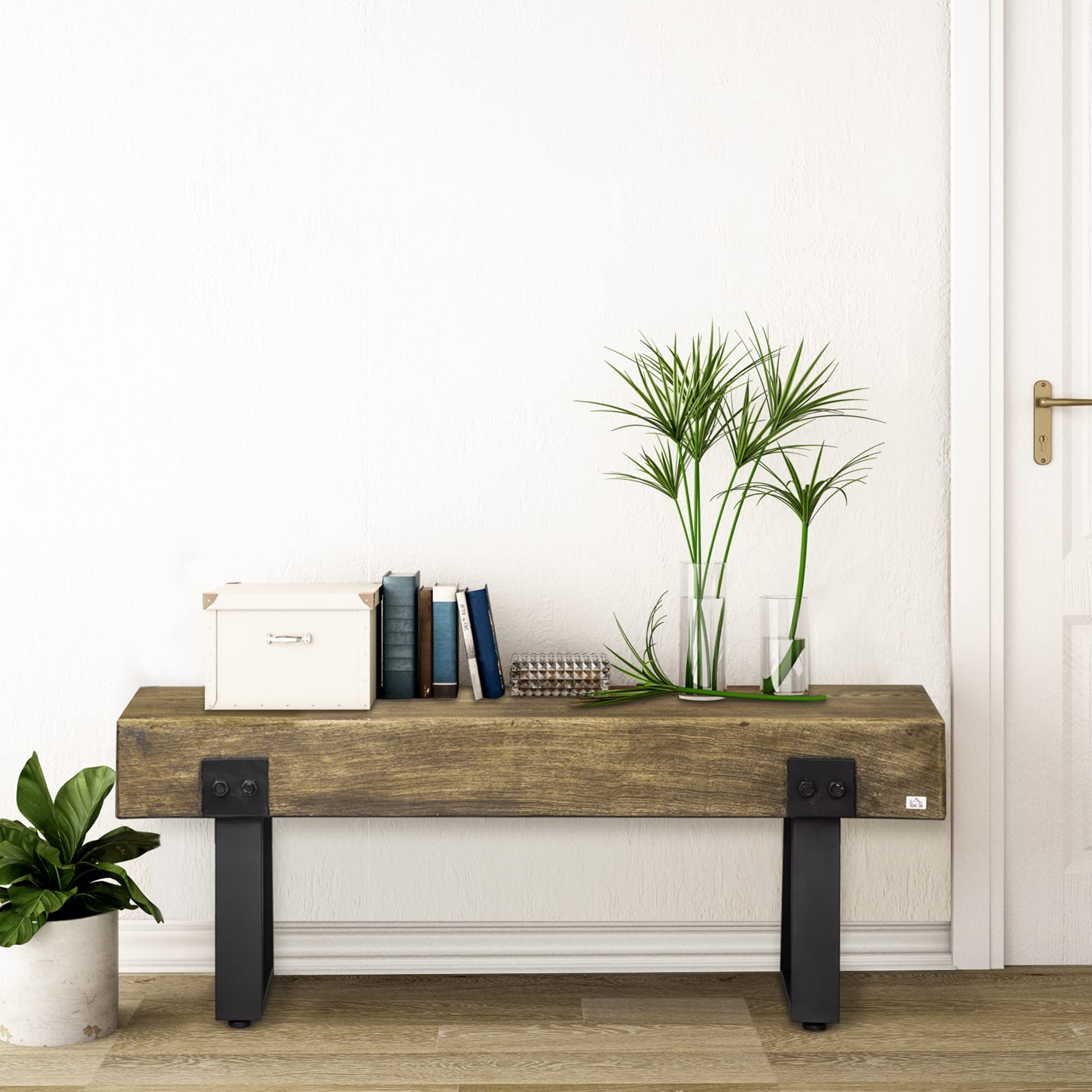 Rustic Wood Effect Concrete Bench with Metal Legs, Garden Entryway Bench for Indoor Outdoor Use, Porch, Park