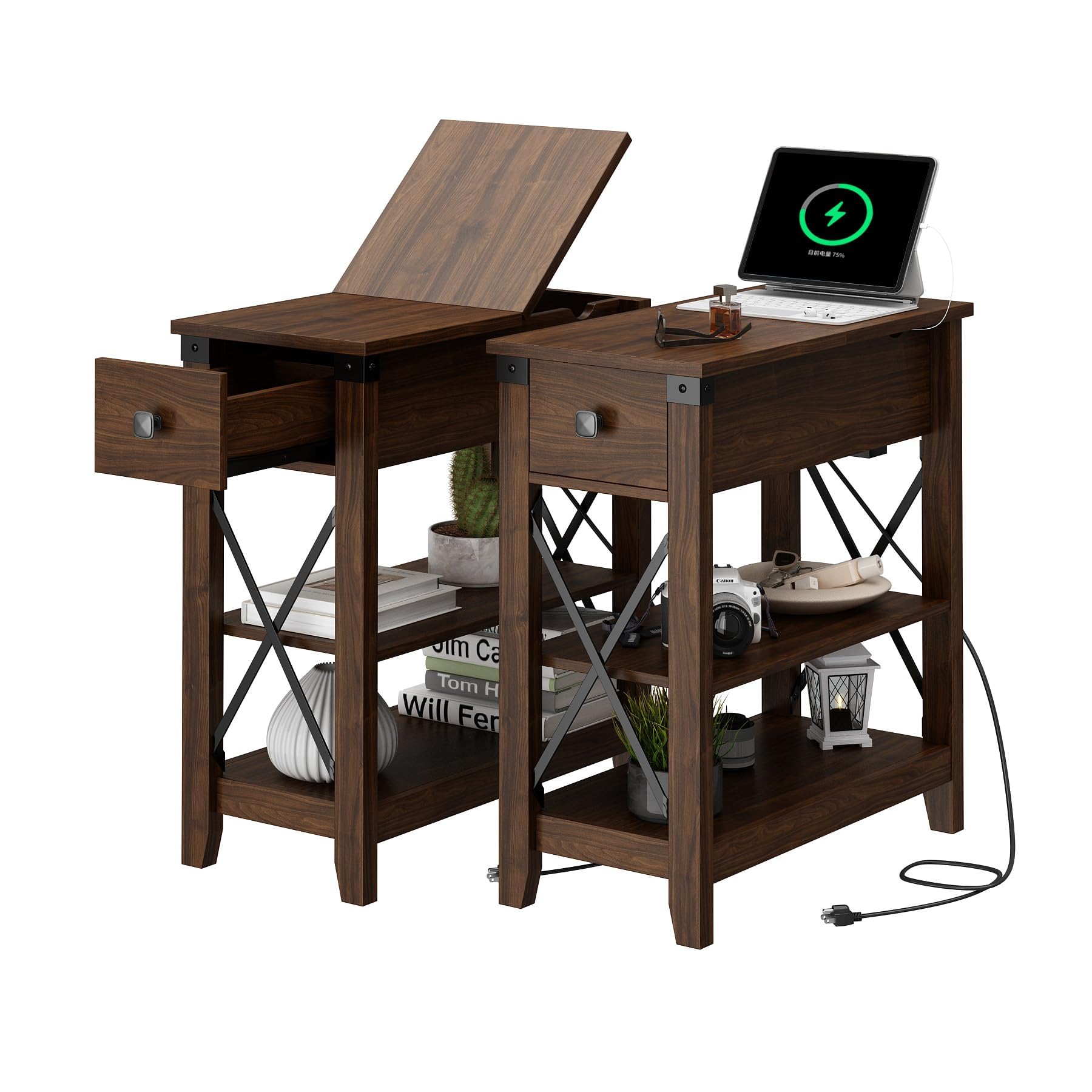 Walnut Narrow End Table Set of 2 with Charging Station, USB Ports, Flip Top Storage, for Small Spaces