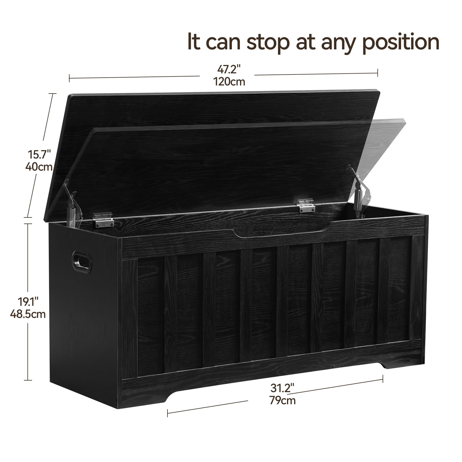 43.3" Extra Large Storage Chest, Black Wooden Bench Trunk with Hinges for Bedroom, Entryway, or Living Room