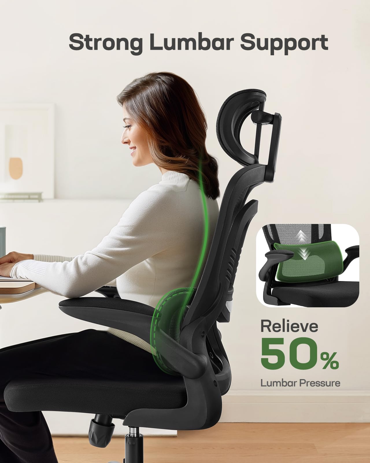 FURNIXI High Back Office Chair with Adjustable Lumbar, 2D Headrest & Flip-Up Arms, Ergonomic Mesh Gaming Chair, Black