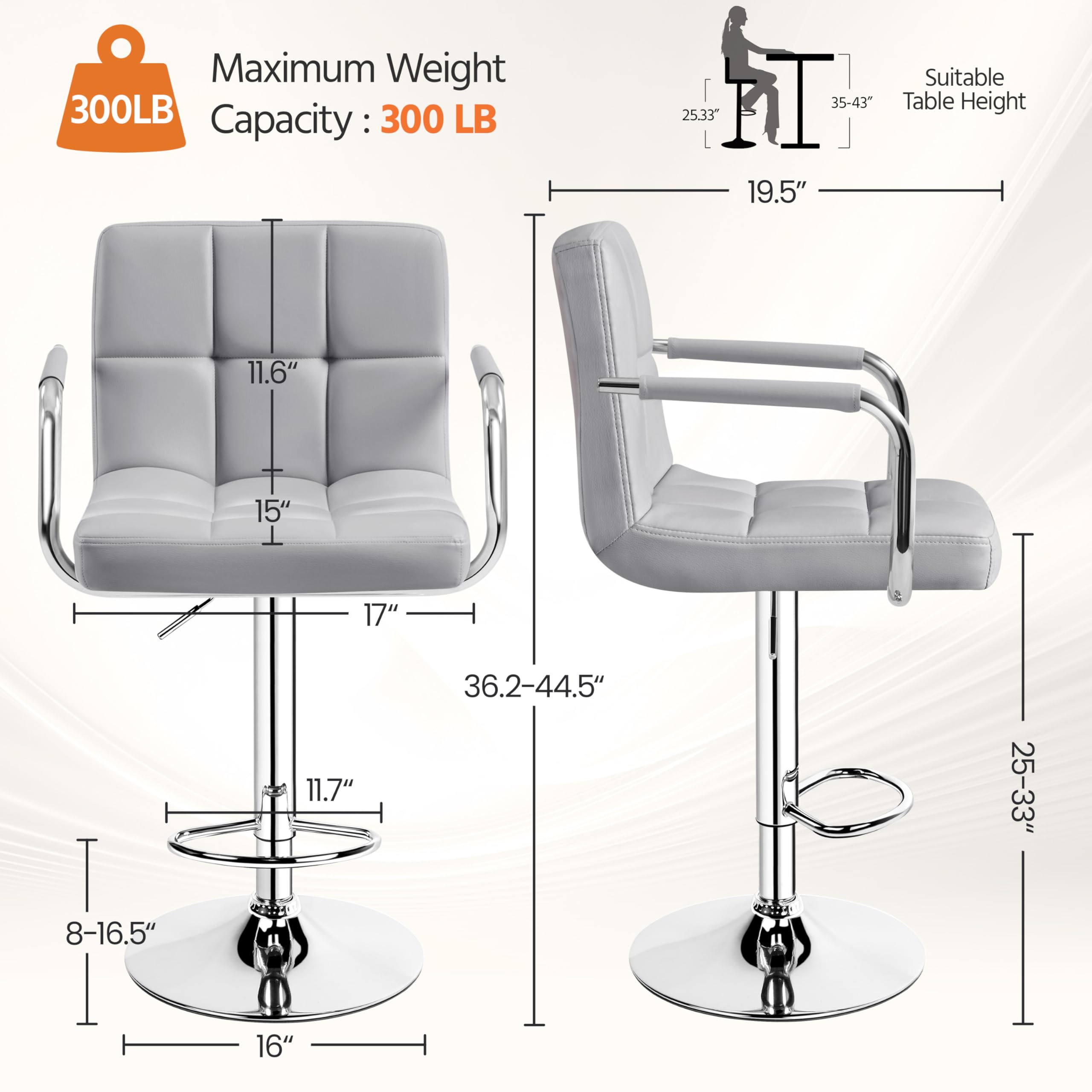 Bar Stools Set of 2, PU Leather Adjustable Swivel Bar Chairs with Back & Armrest, Counter Height Stools for Kitchen, Light Grey