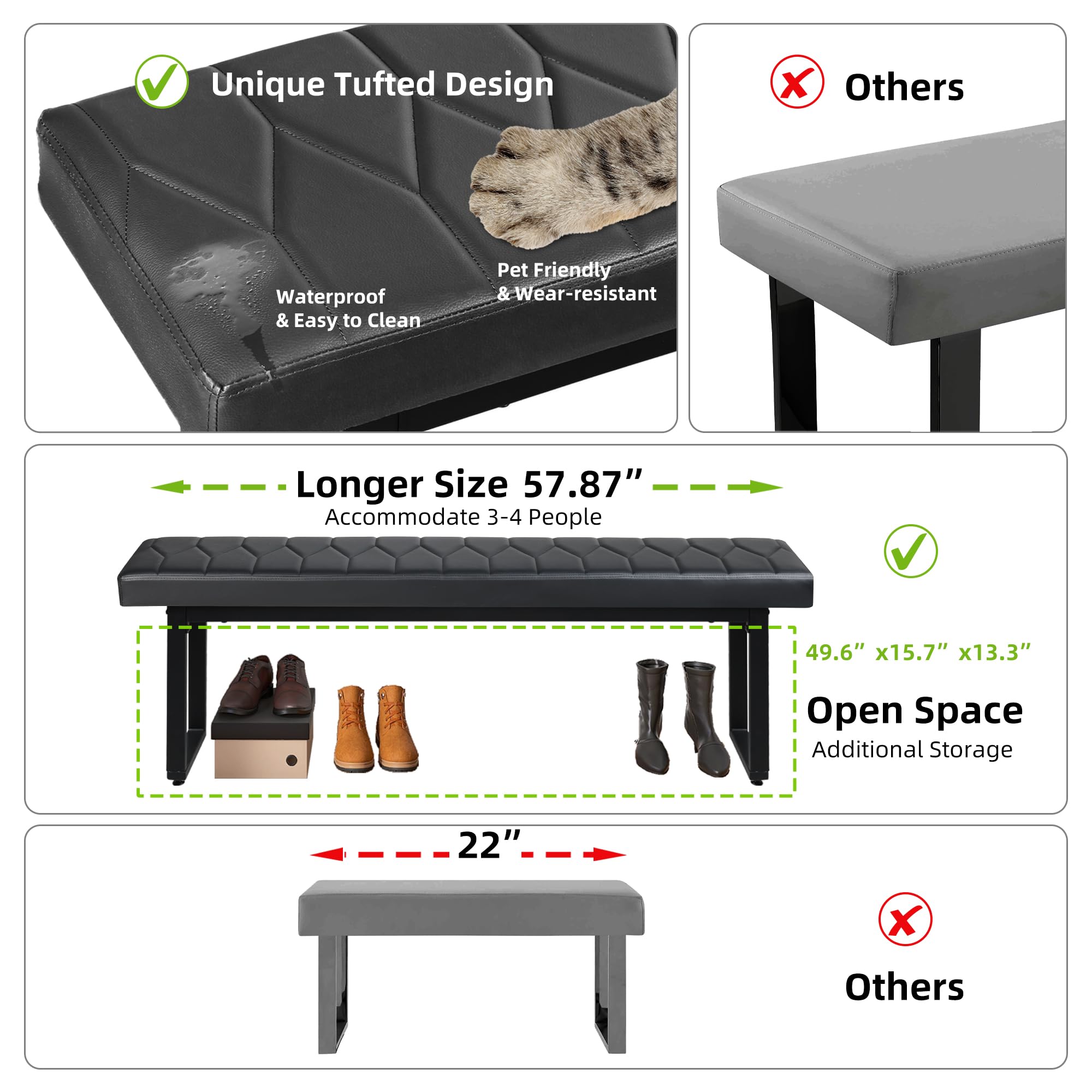 58" Faux Leather Dining Bench Set of 2, Indoor Cushioned Benches for Entryway, Bedside, Dining Room