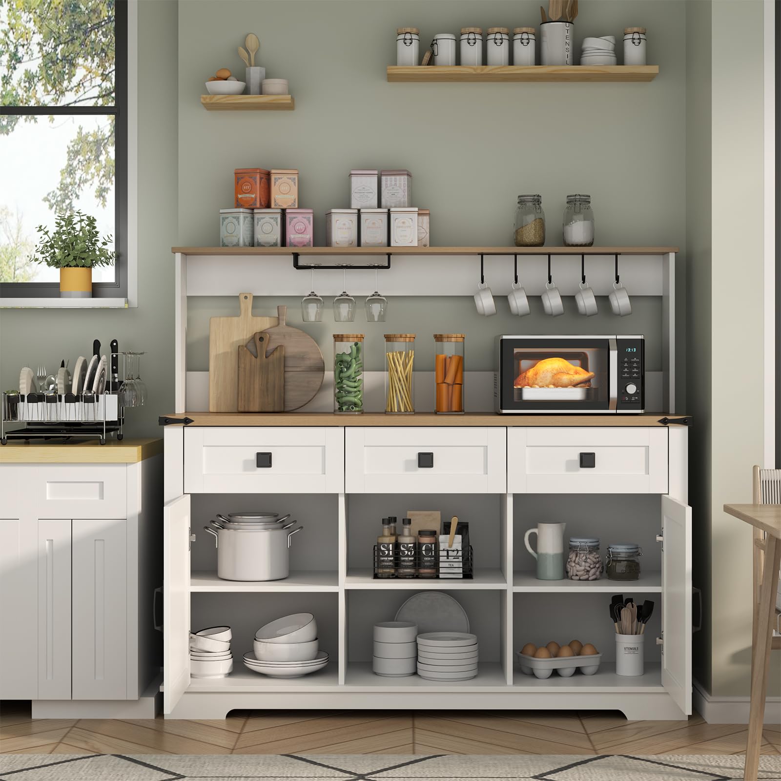 White Farmhouse Bar Cabinet with Hutch, Buffet Storage Unit with 3 Drawers, Goblet Holder, Cup Hooks for Dining Room