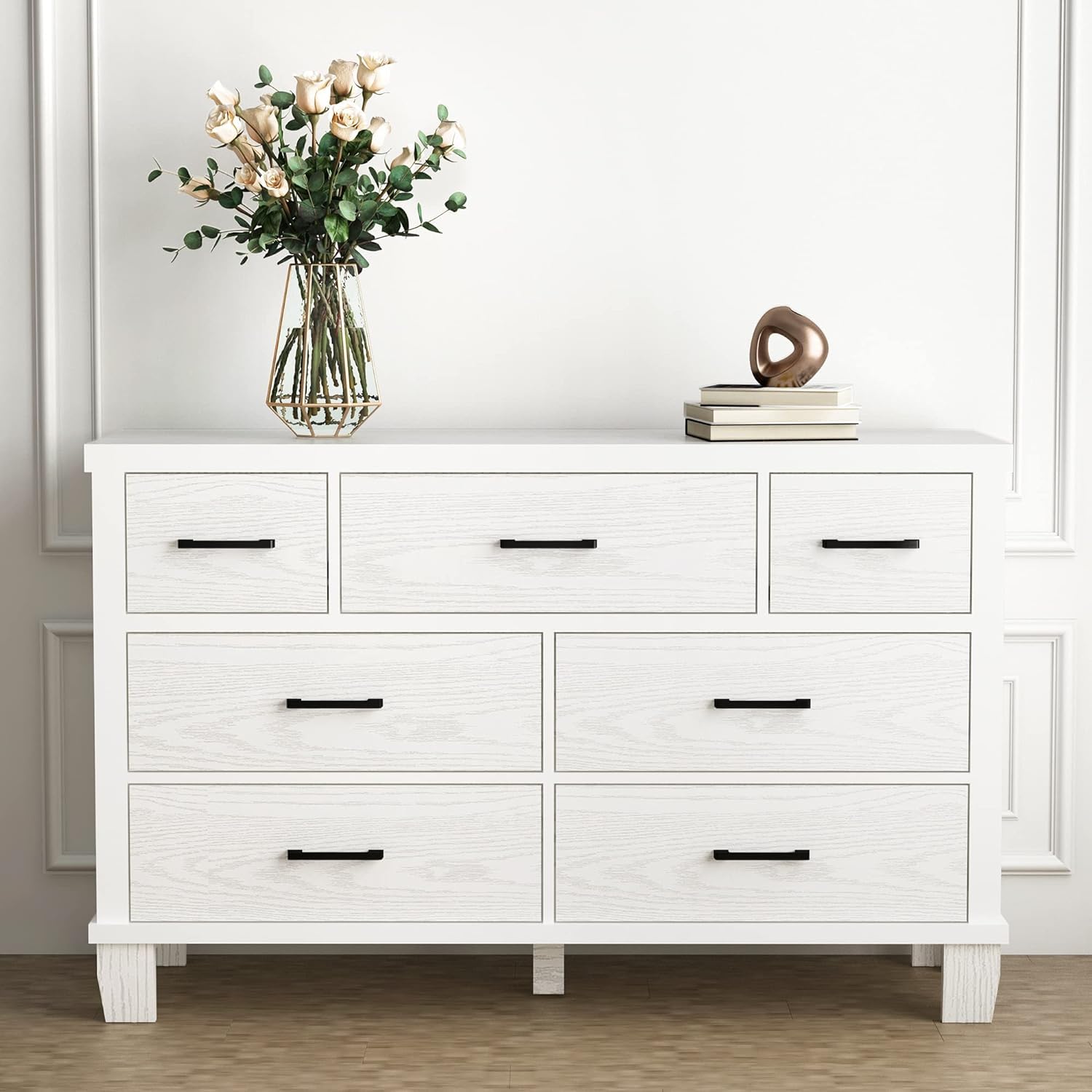 7-Drawer Dresser – White Wooden Chest with Metal Handles, Modern Bedroom Organizer for Living Room or Closet