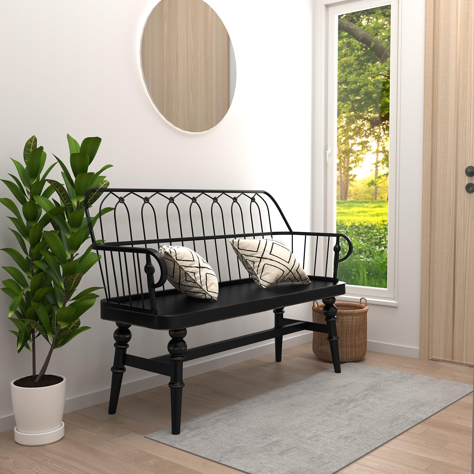 Farmhouse Spindle Back Entryway Bench, Wooden Dining Bench for Living Room, Mudroom, Hallway