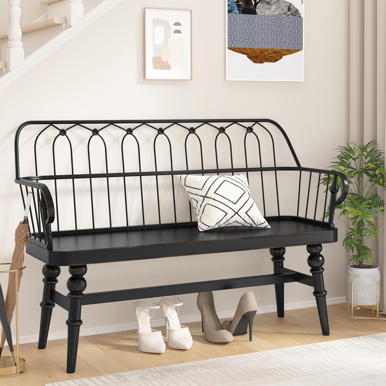 Farmhouse Spindle Back Entryway Bench, Wooden Dining Bench for Living Room, Mudroom, Hallway
