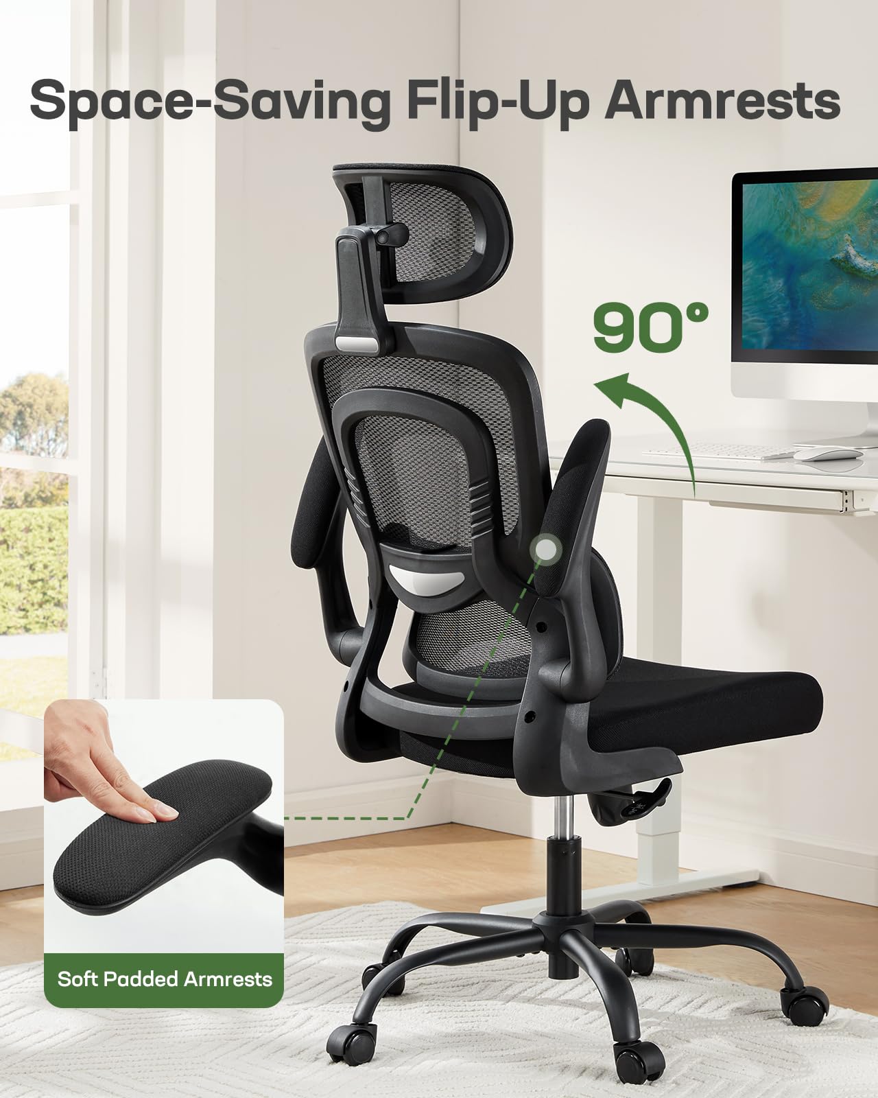 FURNIXI High Back Office Chair with Adjustable Lumbar, 2D Headrest & Flip-Up Arms, Ergonomic Mesh Gaming Chair, Black