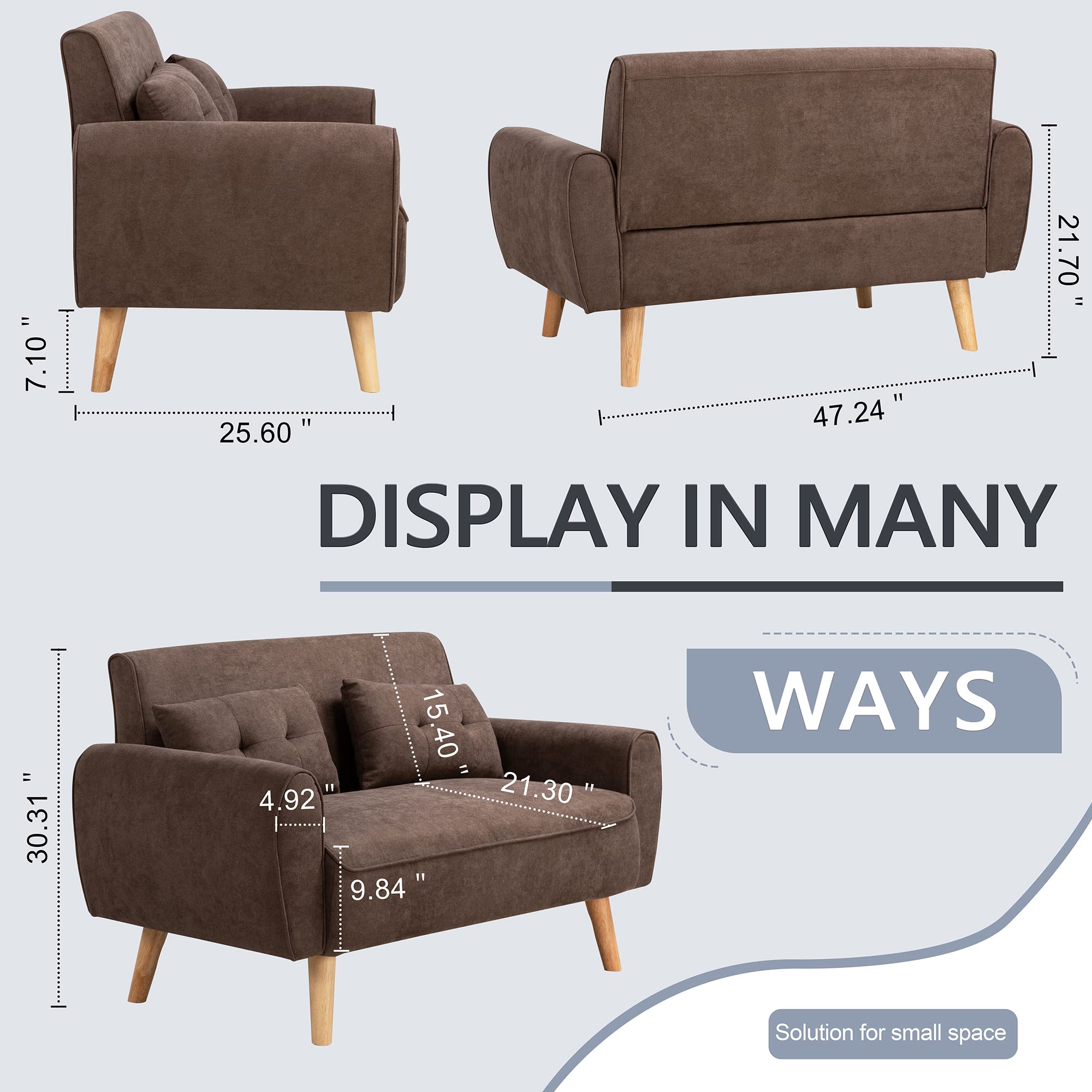Small Modern Loveseat – Brown Mid-Century Fabric Couch with 2 Pillows for Living Room, Apartment or Studio