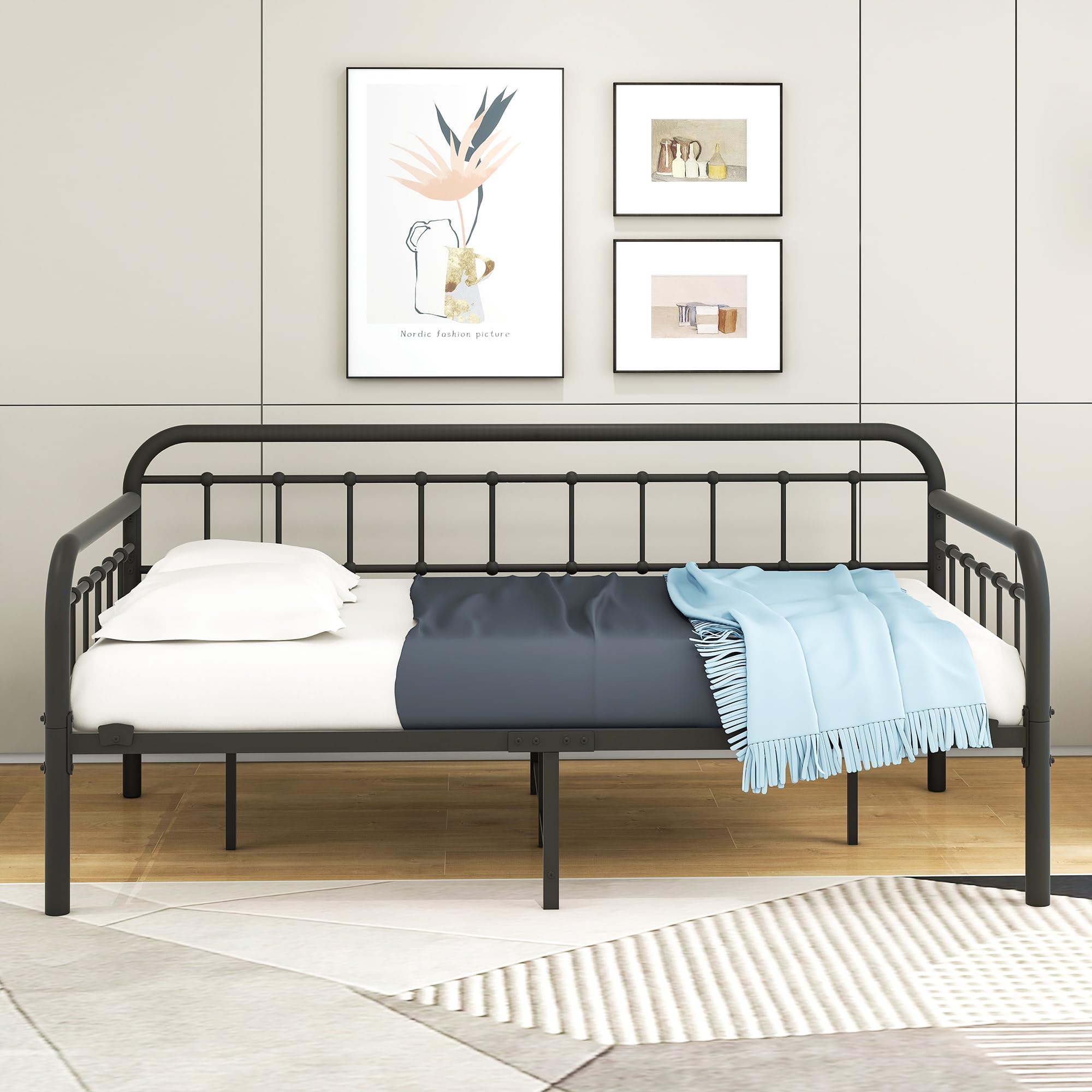 Metal Twin Daybed Frame – Black Sanded Platform Sofa Bed with Heavy-Duty Steel Slats for Bedroom or Guest Room
